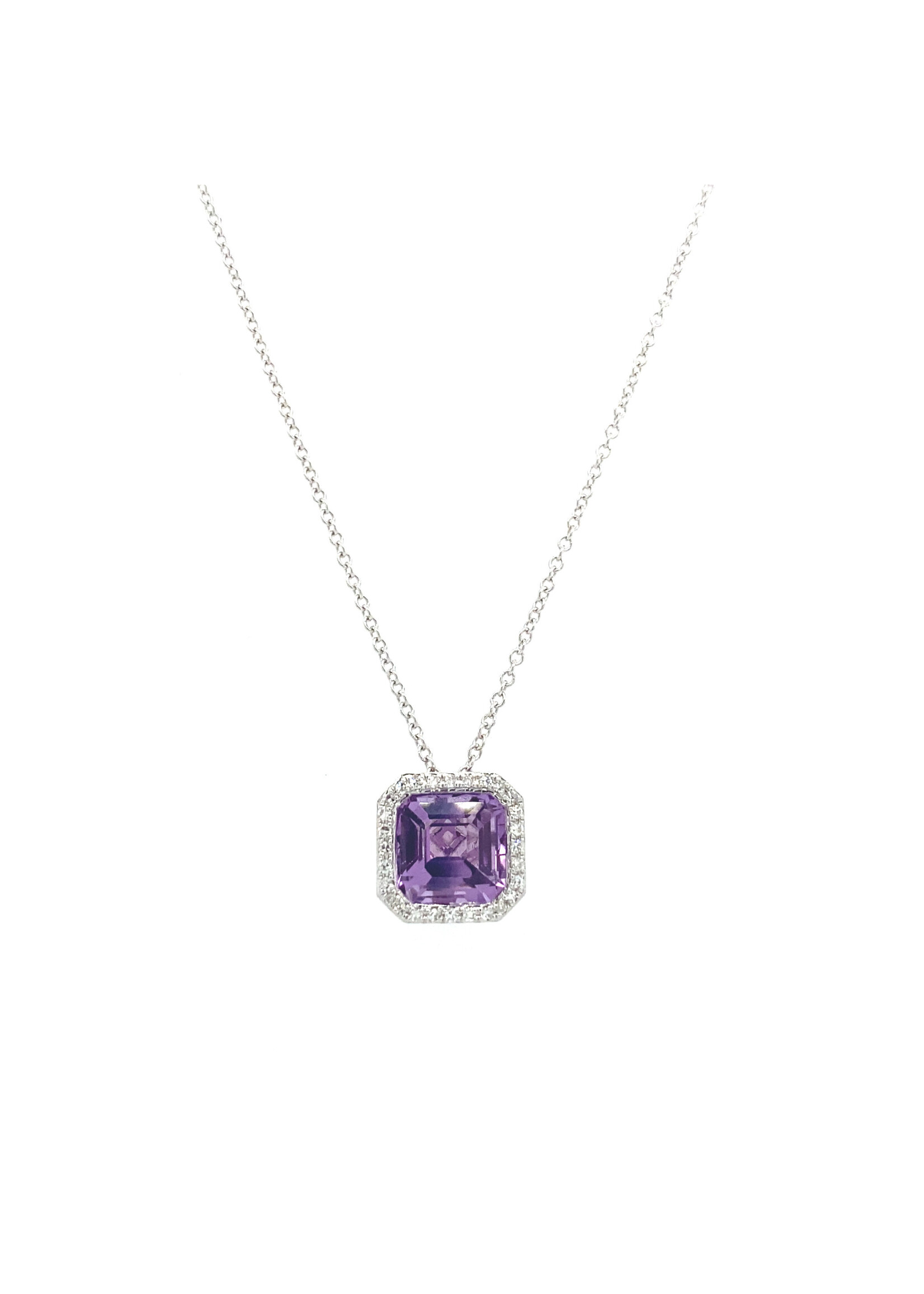 14KW 1.9g 1.76ctw (1.68ctr) Amethyst & Diamond Halo Pendant 16"