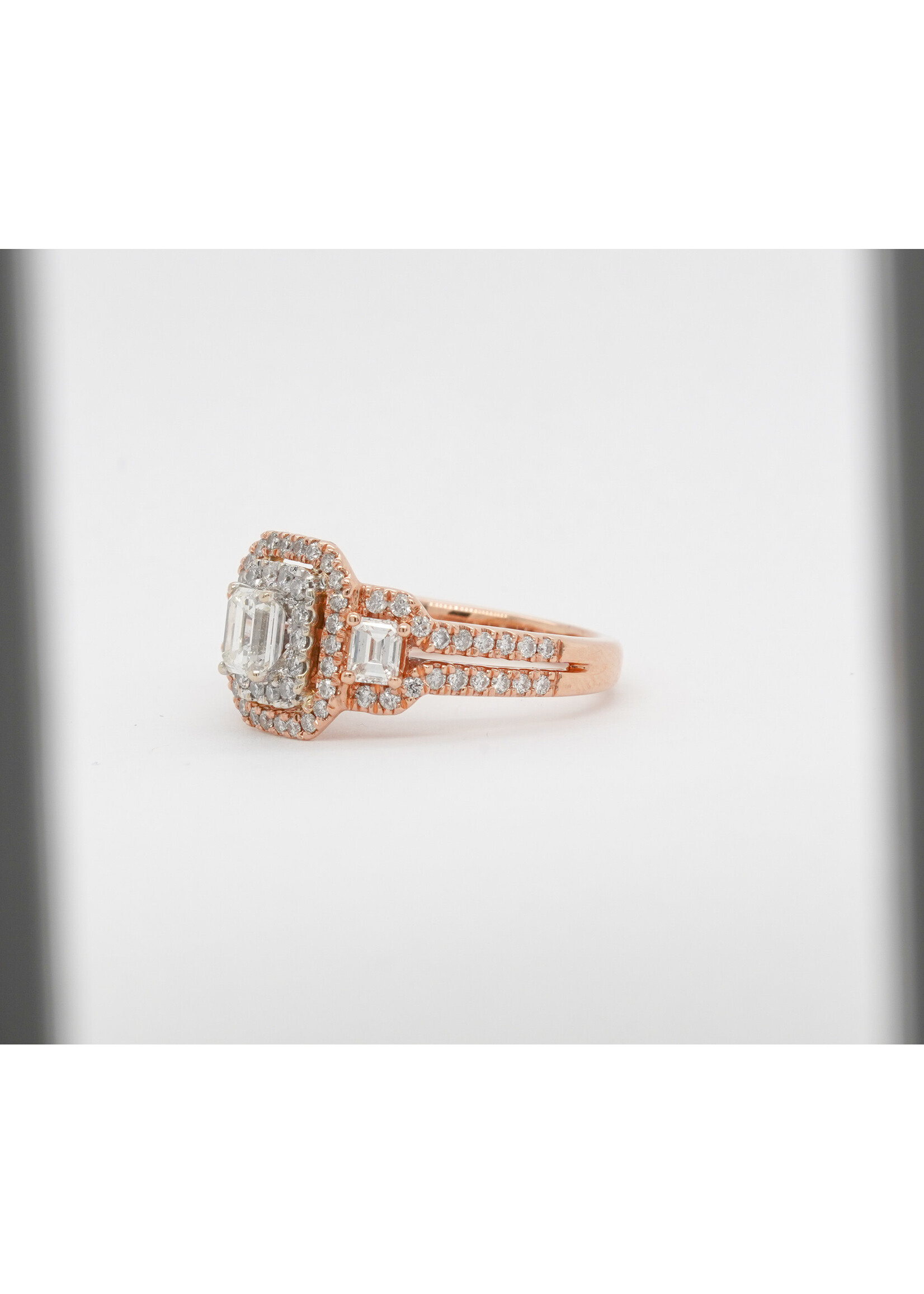 14KR 6.49g 1.60cw (.50ctr) H/VS2 Emerald Cut Diamond Three Stone Halo Engagement Ring (size 6)
