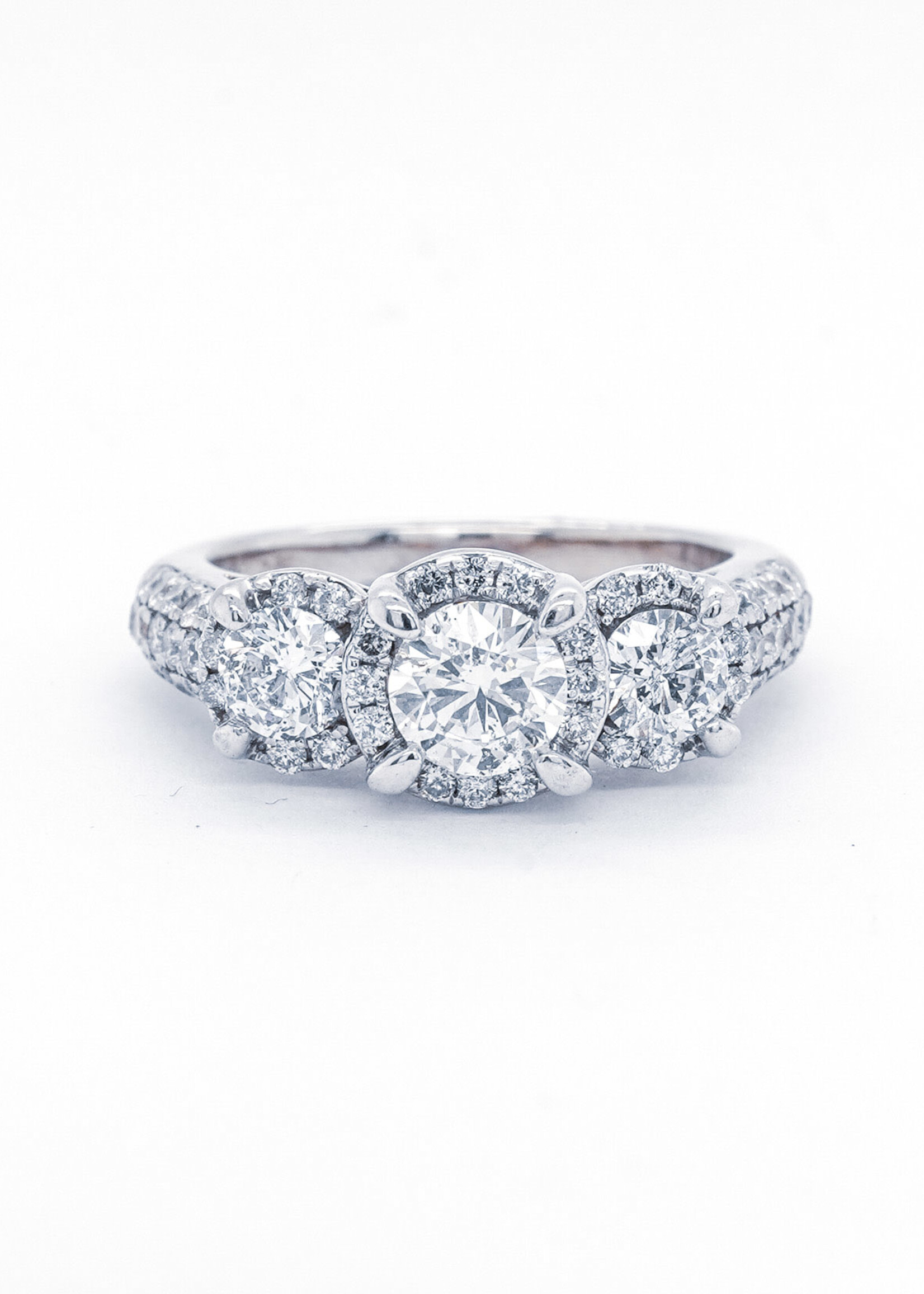 14KW 5.56g 2.00ctw (.74ctr) Diamond Three Stone Halo Engagement Ring (size 6.75)