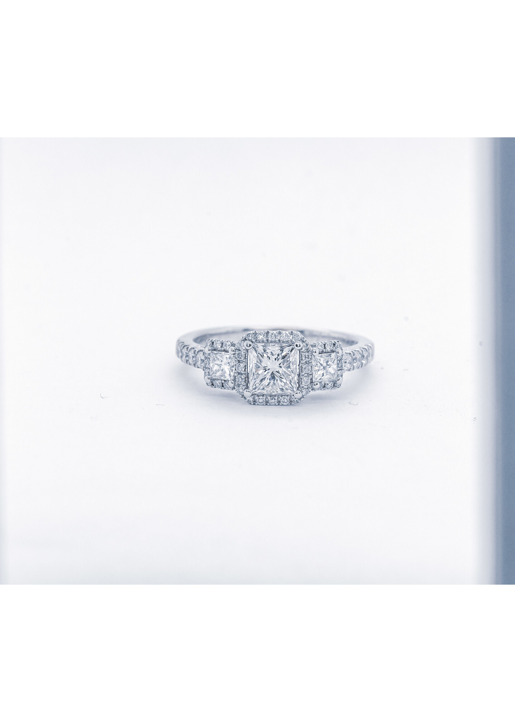 14KW 1.42ctw (.70ct) I/VS2 Princess Cut Diamond Three Stone Halo Engagement Ring (size 5.25)