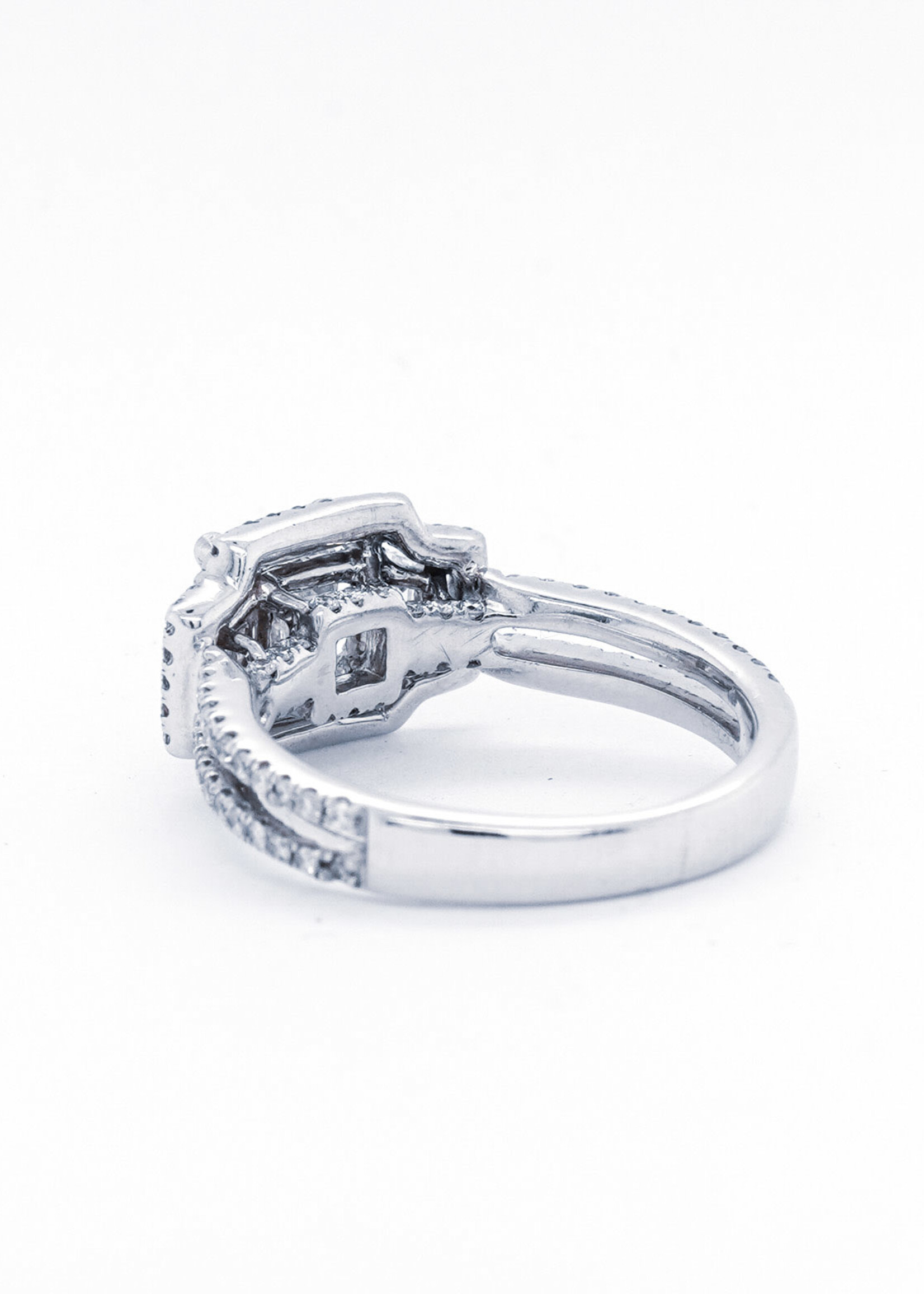 14KW 3.76g 1.81ctw (1.03ctr) I/I1 Emerald Cut Diamond Three Stone Halo Engagement Ring (size 5)