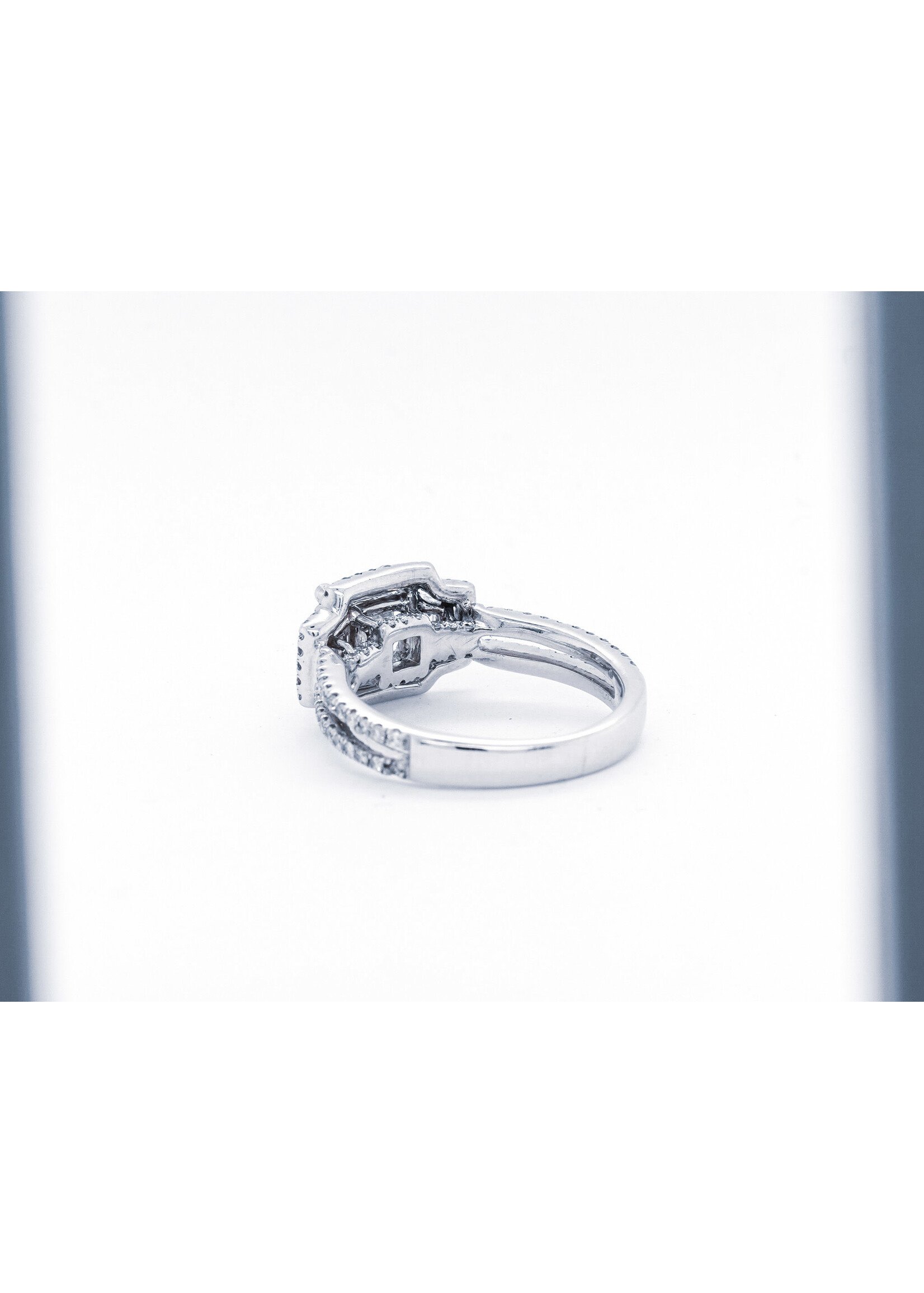 14KW 3.76g 1.81ctw (1.03ctr) I/I1 Emerald Cut Diamond Three Stone Halo Engagement Ring (size 5)