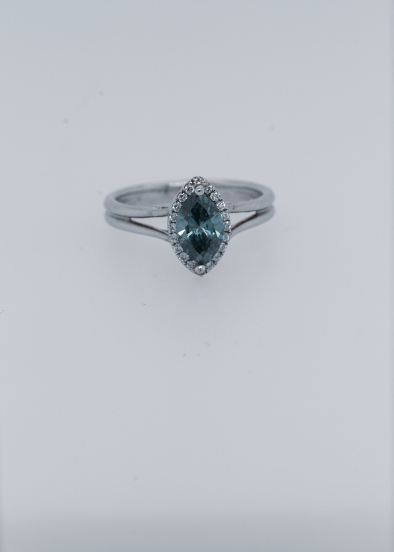 14KW 3.42g 1.25ctw (1.01ctr) Blue/I1 Marquise Diamond Halo Engagement Ring (size 7)