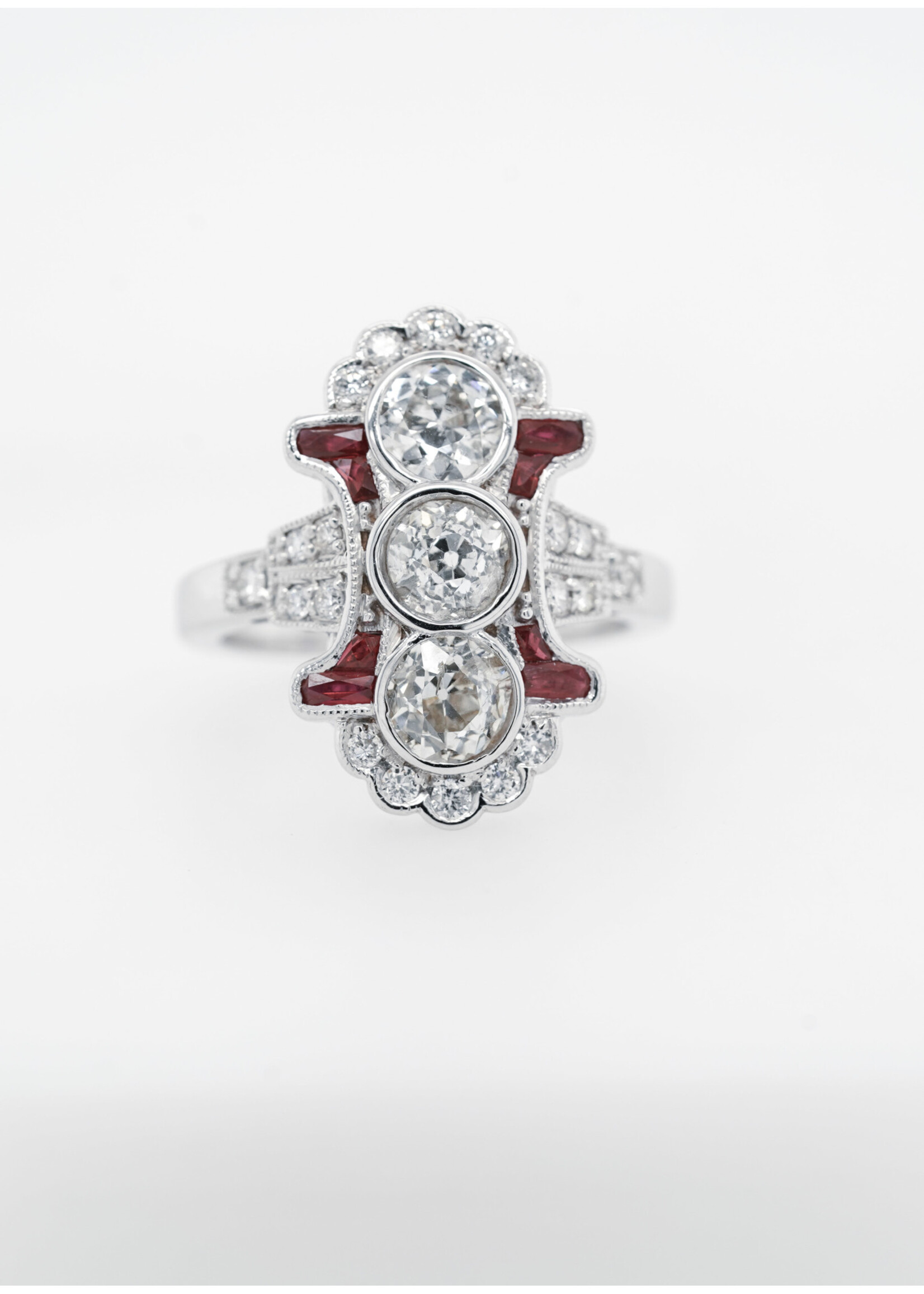 18KW 7.1g 2.1ctw Diamond .40ctw Ruby Vintage Inspired Ring (size 7)