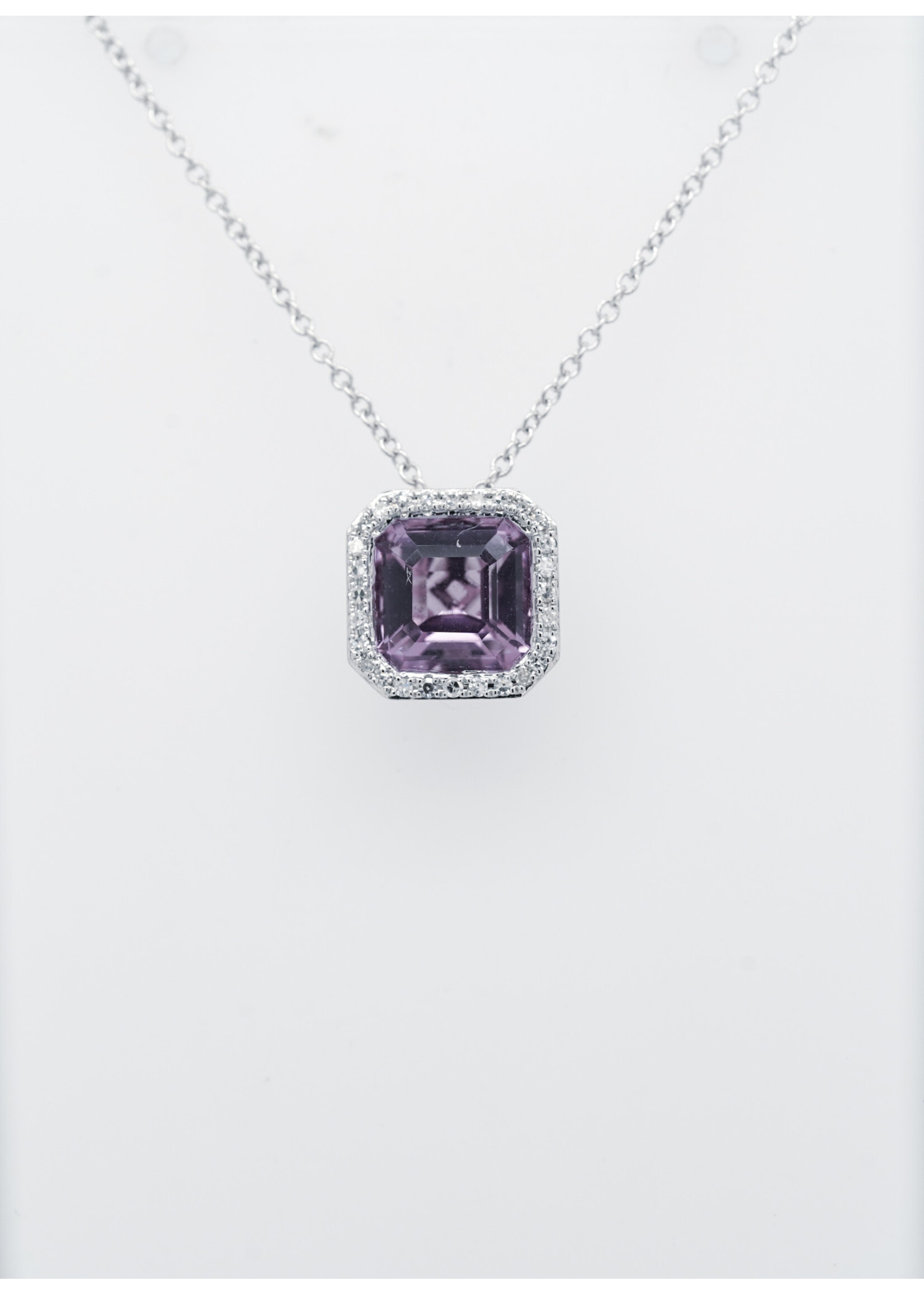 14KW 1.9g 1.76ctw (1.68ctr) Amethyst & Diamond Halo Pendant 16"