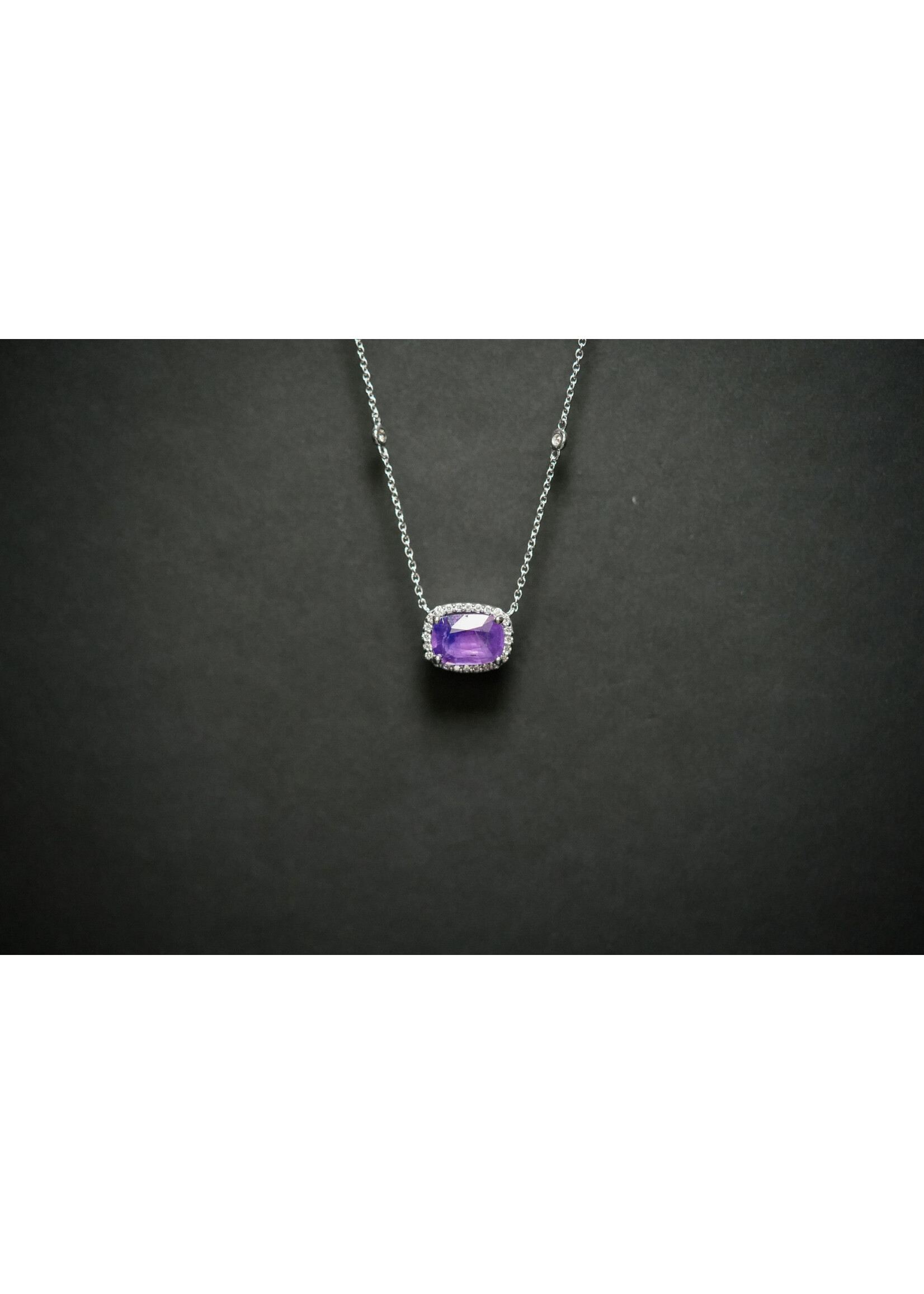 14KW 4.10g 2.60ctw (2.40ctr) Purple Sapphire & Diamond Halo Stationed Pendant 16-18"
