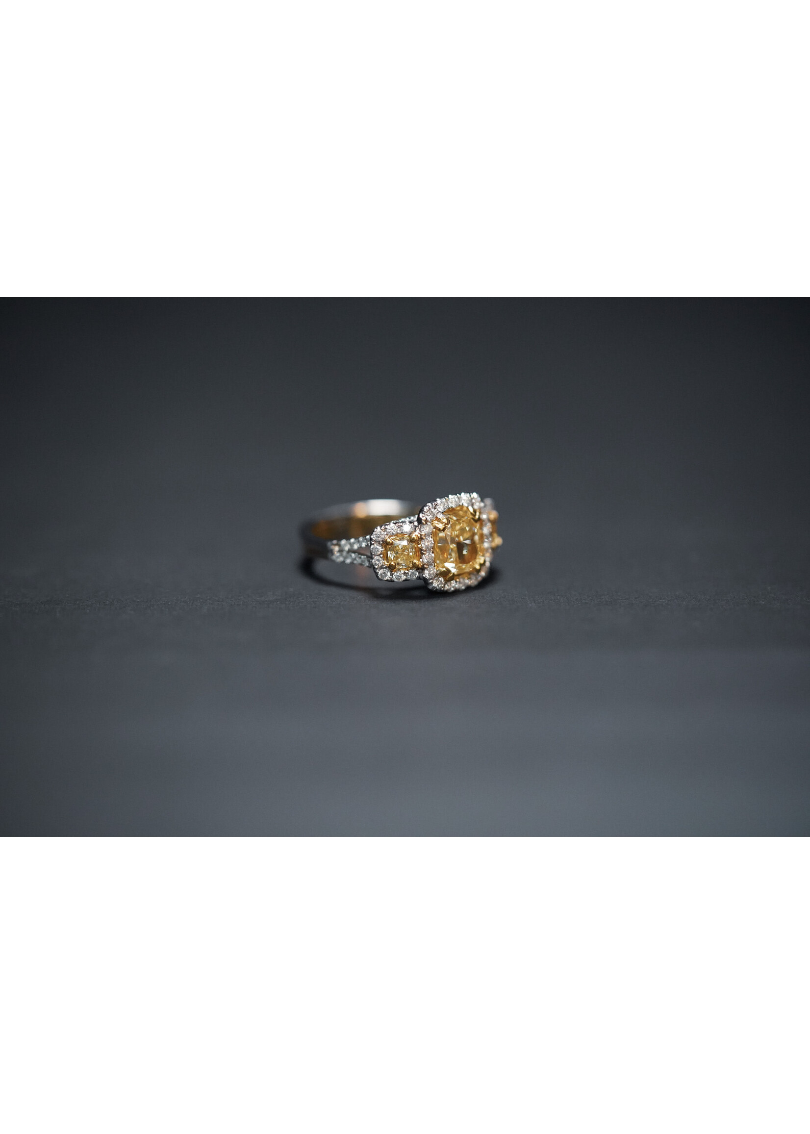 18KWY 6.67g 3.23ctw (2.03ctr) FLY/SI2 Cushion Diamond Three Stone Halo Engagement Ring (size 7.25)