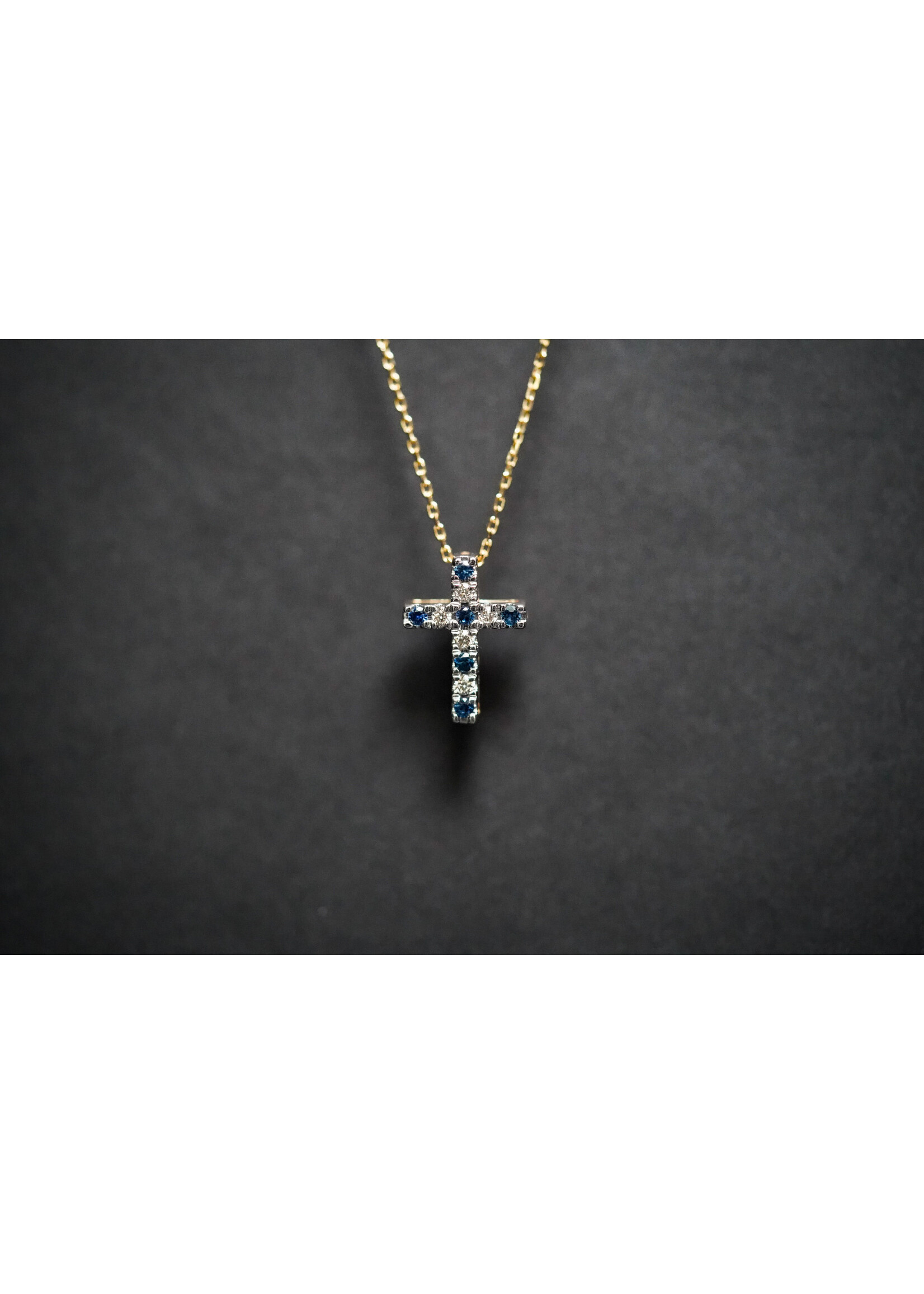 14KY 1.8g .18ctw Sapphire & Diamond Cross Necklace 16-18"
