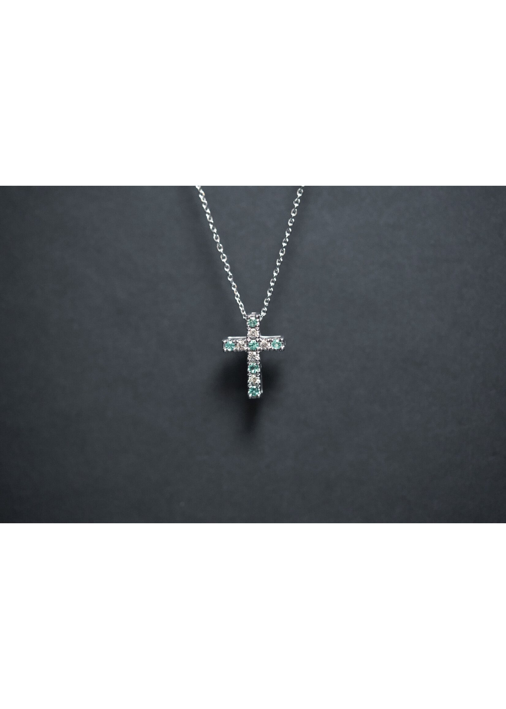 14KW 1.80g .18ctw Emerald & Diamond Cross Necklace 16-18"