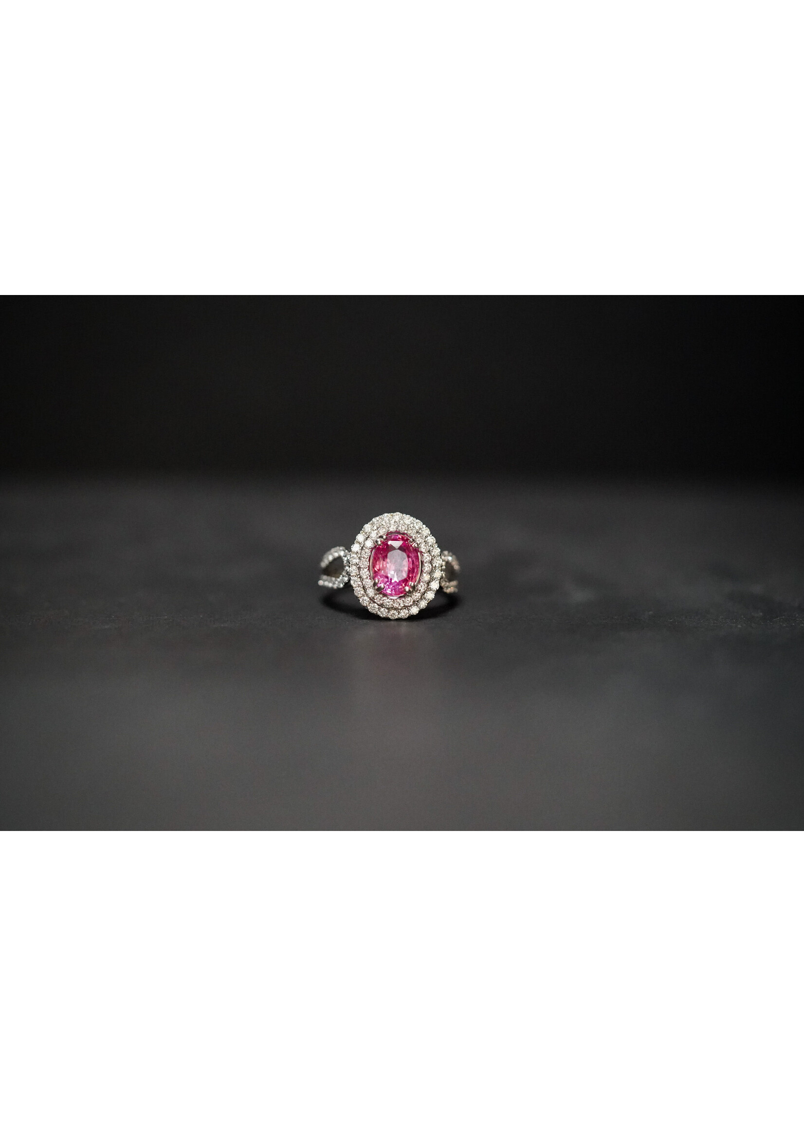 18KW 3.56ctw (2.66ctr) Oval Pink Sapphire Double Halo Ring (size 7)