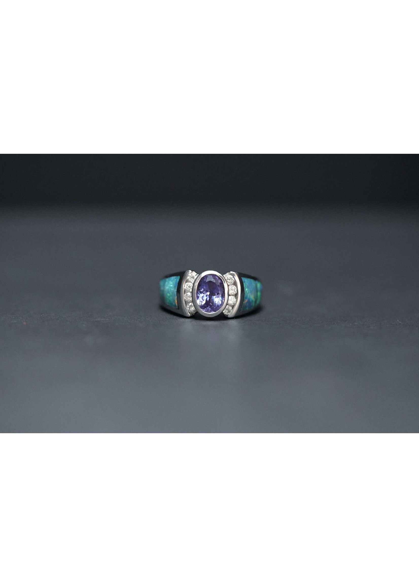 14KW 6.85g 1.40ctw (1.15ctr) Tanzanite, Opal & Diamond Fashion Ring (size 5)