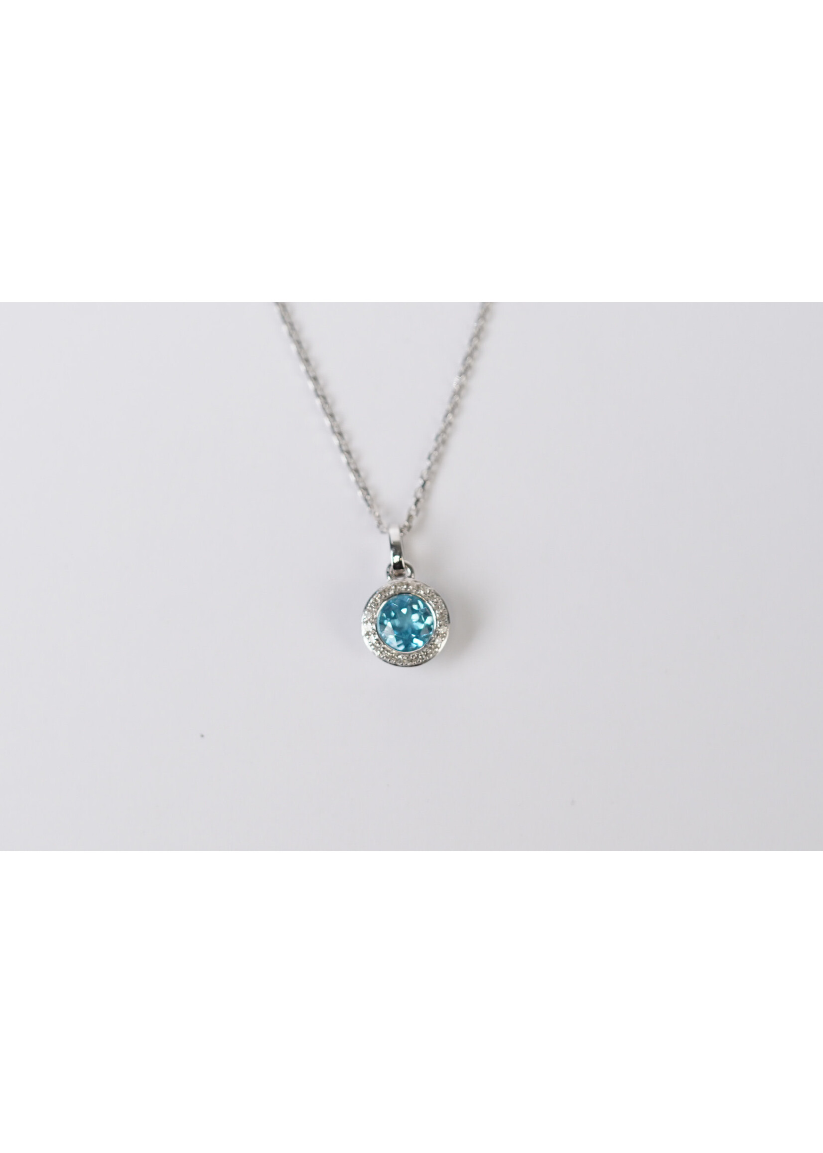 14KW 2.43g 1.00ctw (.90ctr) Blue Topaz & Diamond Halo Pendant 18"