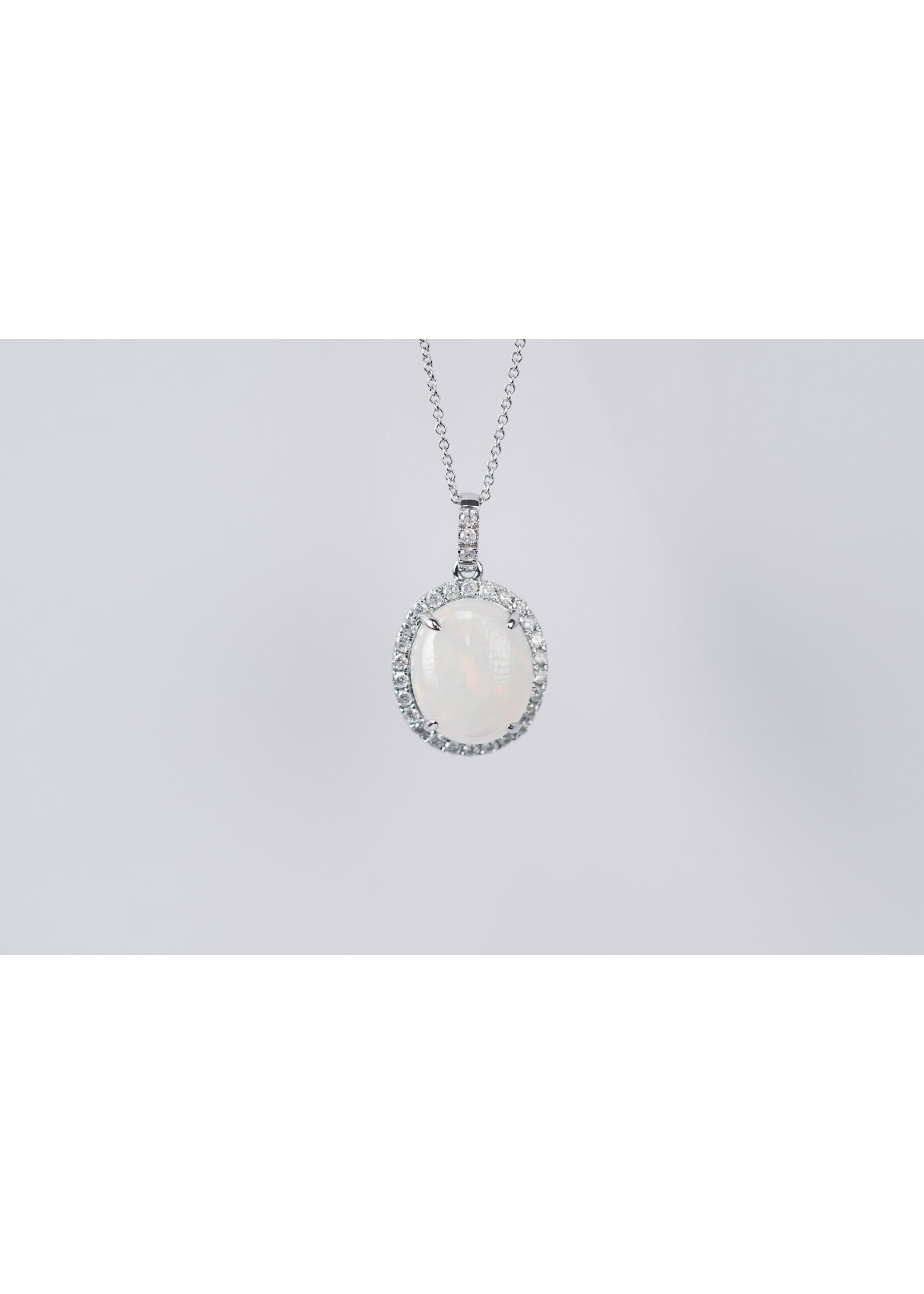 14KW 3.10g 2.74ctw (2.40ctr) Opal & Diamond Halo Pendant 18"