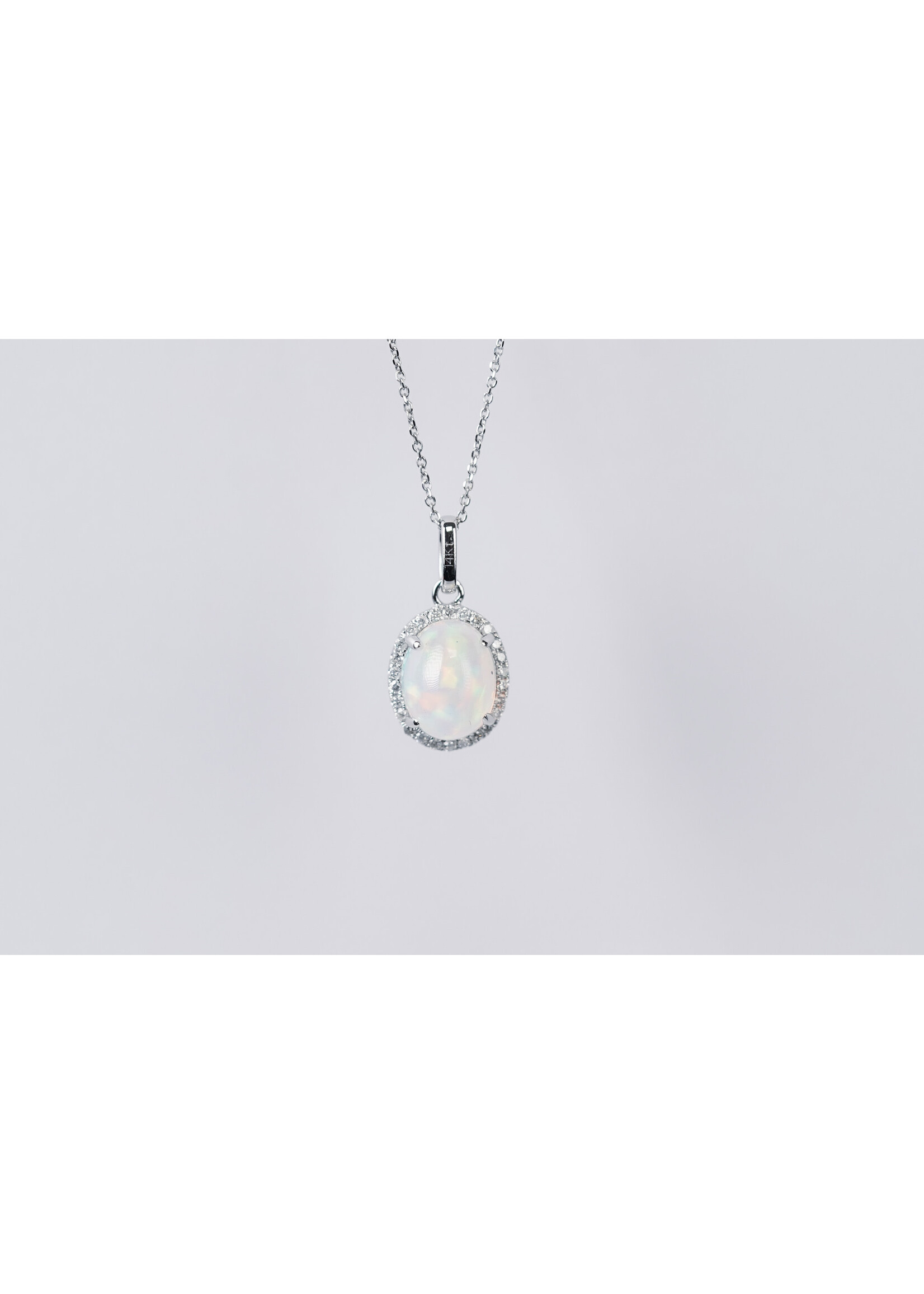 14KW 1.90g 1.15ctw (1.00ctr) Opal & Diamond Halo Pendant 16-18"