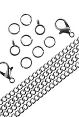 Craft Supplies 36in Chain and Findings Set- 3mm Curb Chain Includes Clasp/ Jump Rings/ Bails in Silver