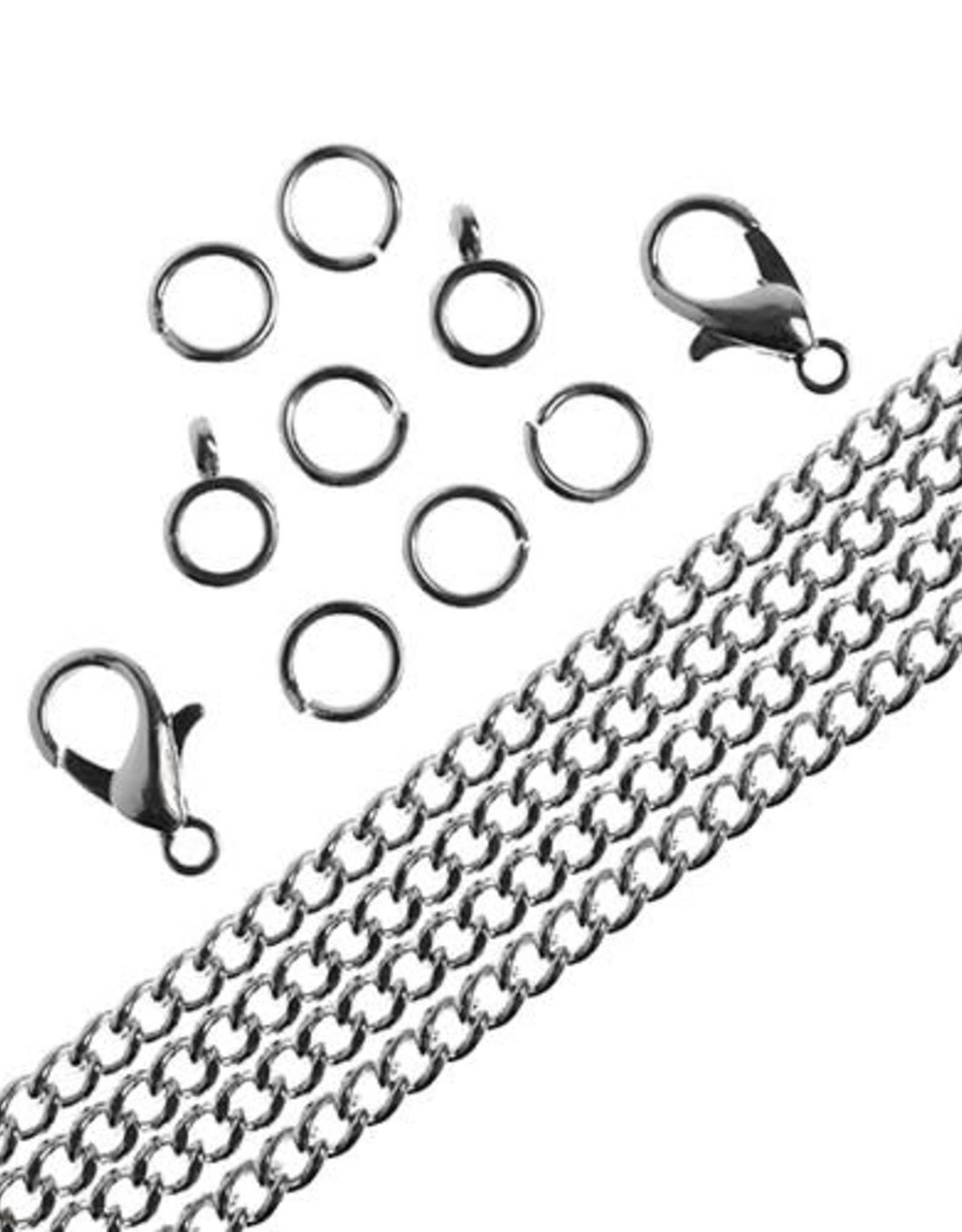 Craft Supplies 36in Chain and Findings Set- 3mm Curb Chain Includes Clasp/ Jump Rings/ Bails in Silver