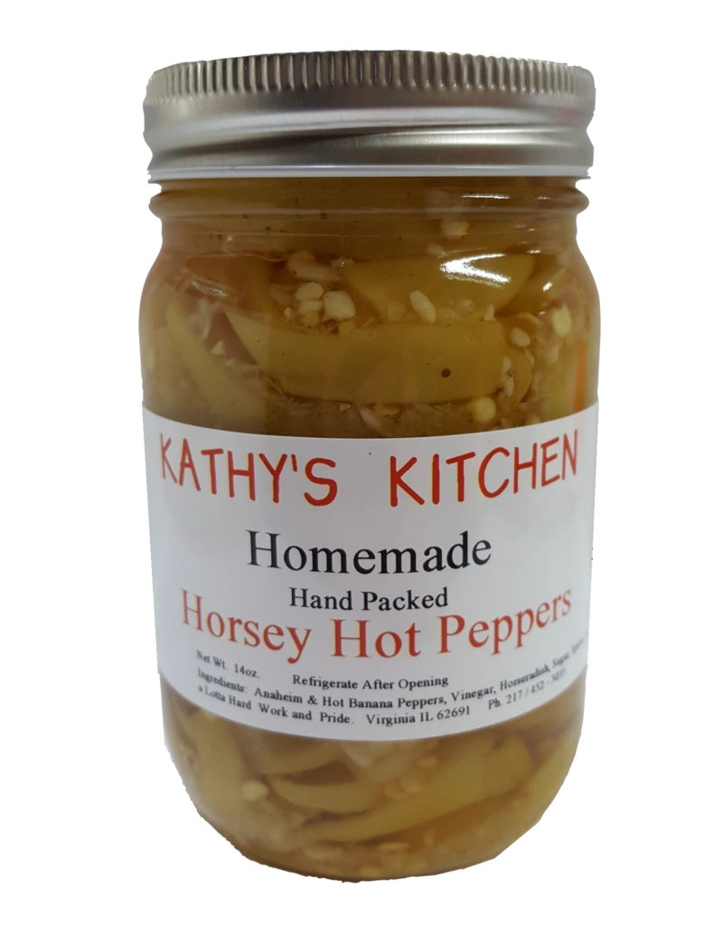 KATHY'S KITCHEN PEPPERS, HORSEY HOT 16 OZ ∎ (dimx)
