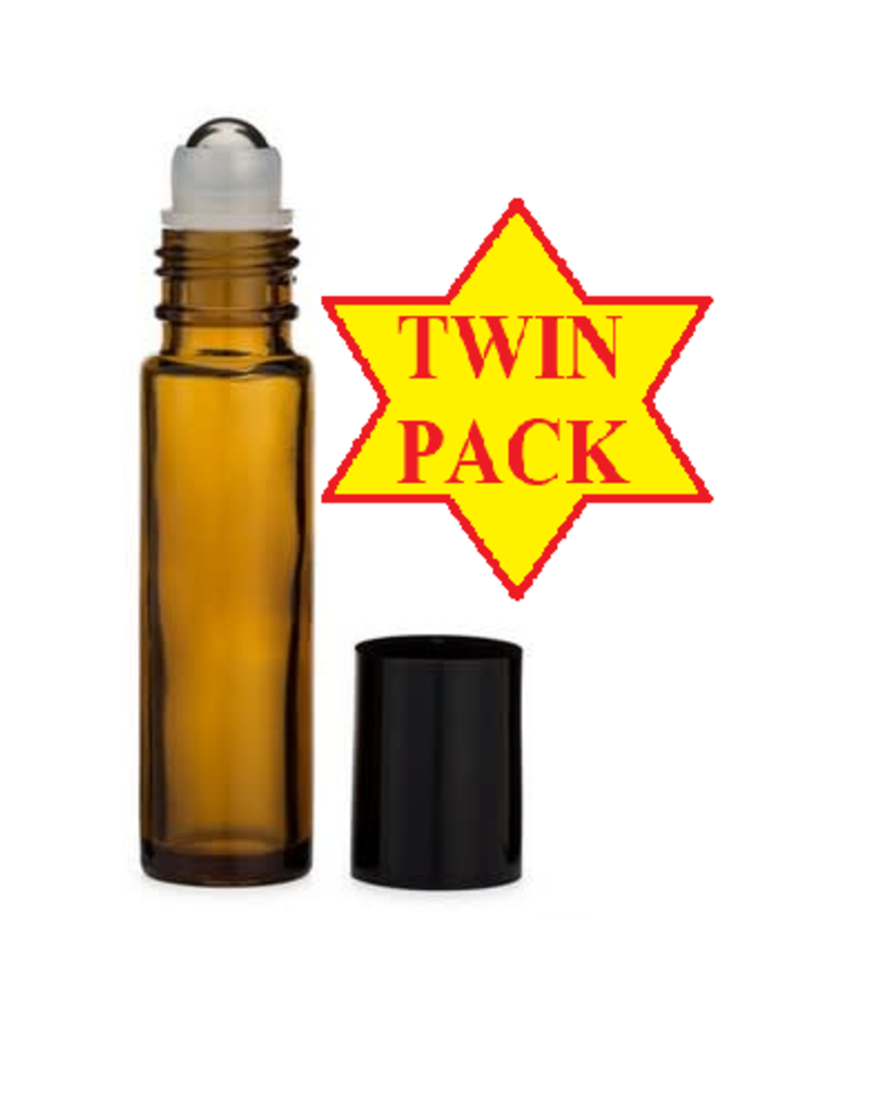 MARI-MANN TWIN PACK - ROLL ON GLASS VIALS W/ METAL ROLLERS, AMBER 2-PK ⅓ OZ (10 ML) (2.7 DRAM) -BO