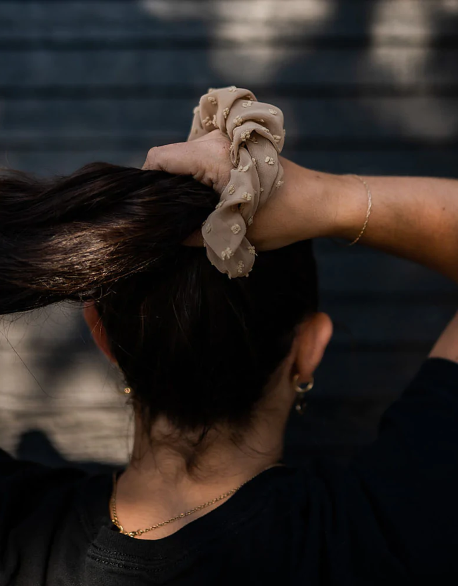 Antler & Acre Scrunchie-Caramel Swiss Dot Chiffon