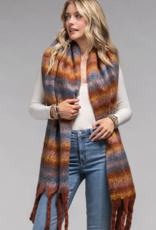 Oblong Striped Scarf w/Fringe-Blue/Rust/Brown