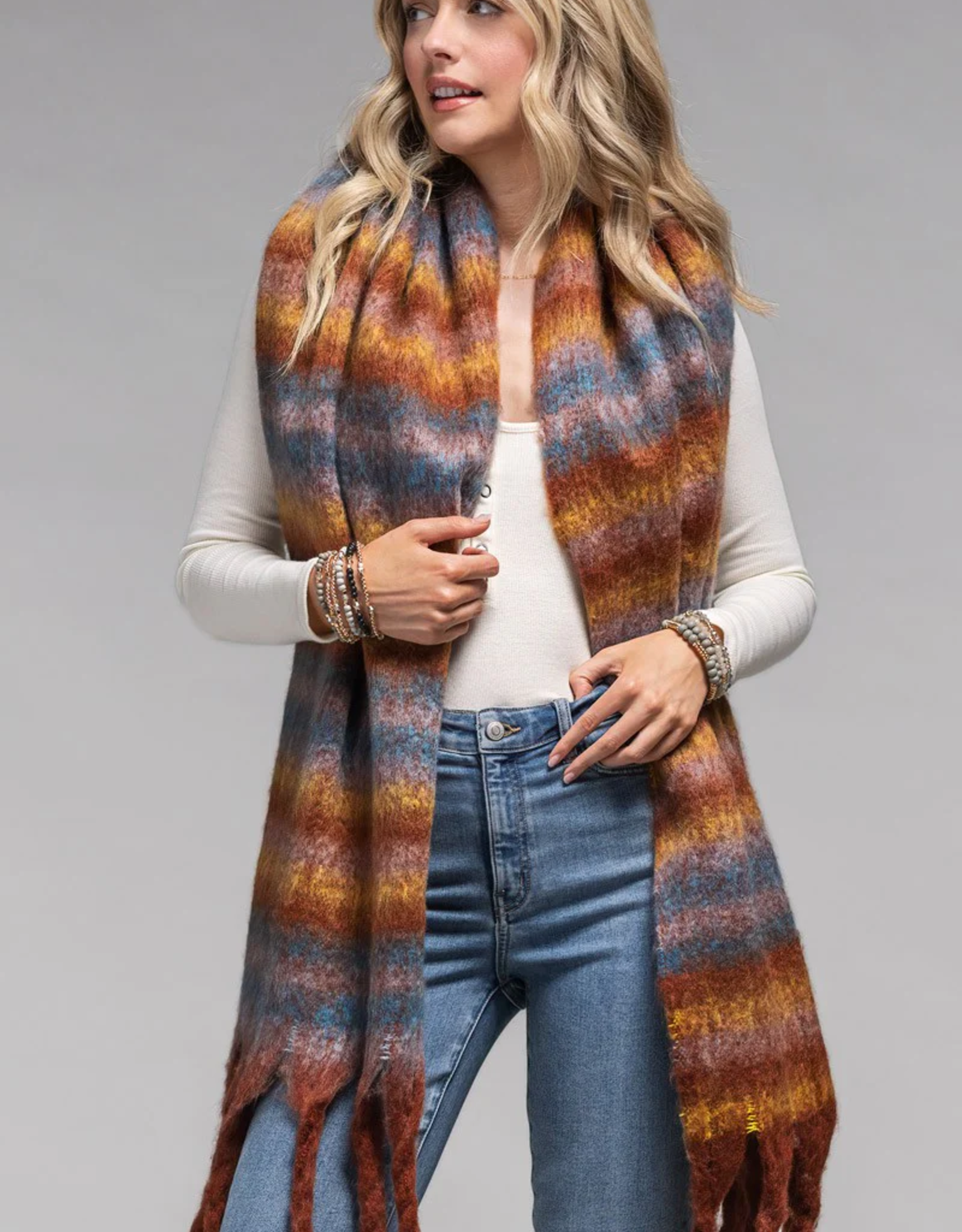 Oblong Striped Scarf w/Fringe-Blue/Rust/Brown