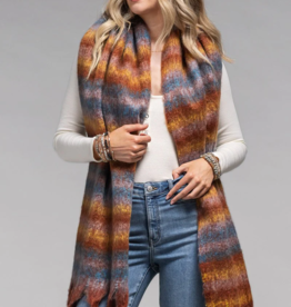 Oblong Striped Scarf w/Fringe-Blue/Rust/Brown