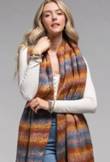 Oblong Striped Scarf w/Fringe-Blue/Rust/Brown