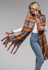 Oblong Striped Scarf w/Fringe-Blue/Rust/Brown