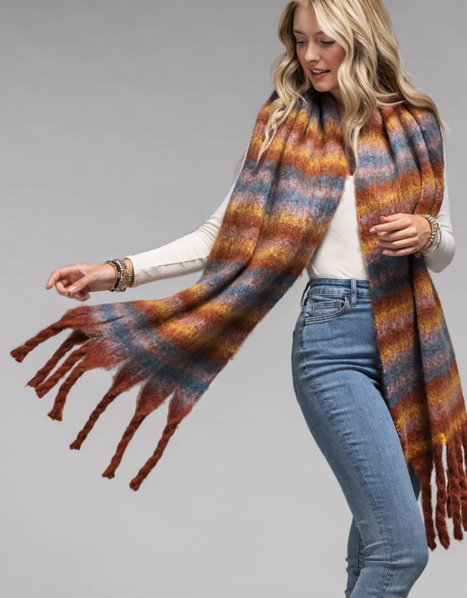 Oblong Striped Scarf w/Fringe-Blue/Rust/Brown