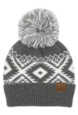 CC Beanie, Aztec Print w/Pom-Dark Grey