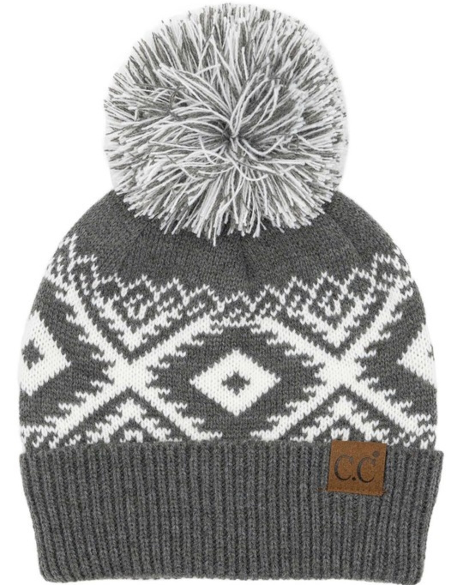 CC Beanie, Aztec Print w/Pom-Dark Grey