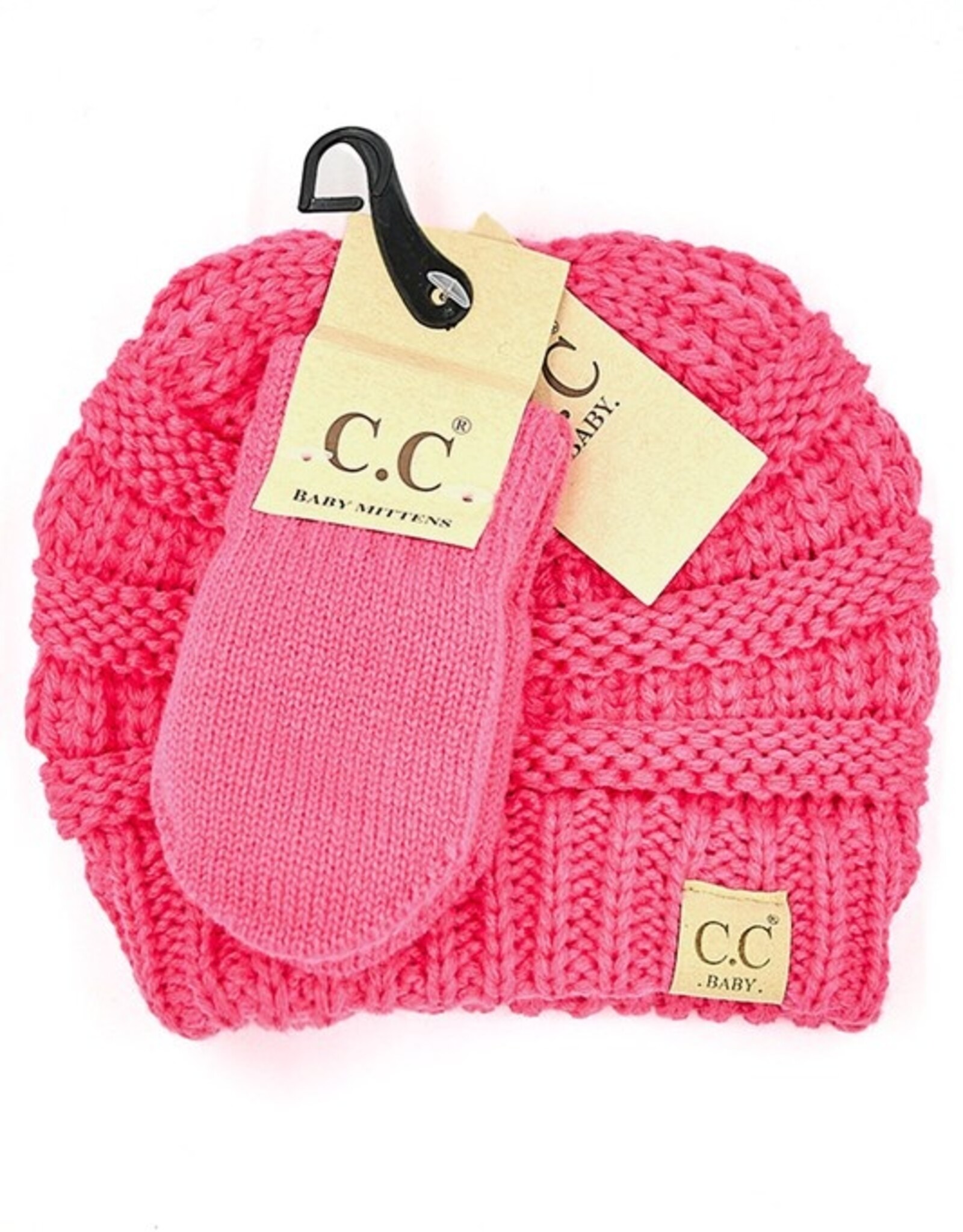 CC CC Baby Set, Knit Beanie & Mittens-Indi Pink