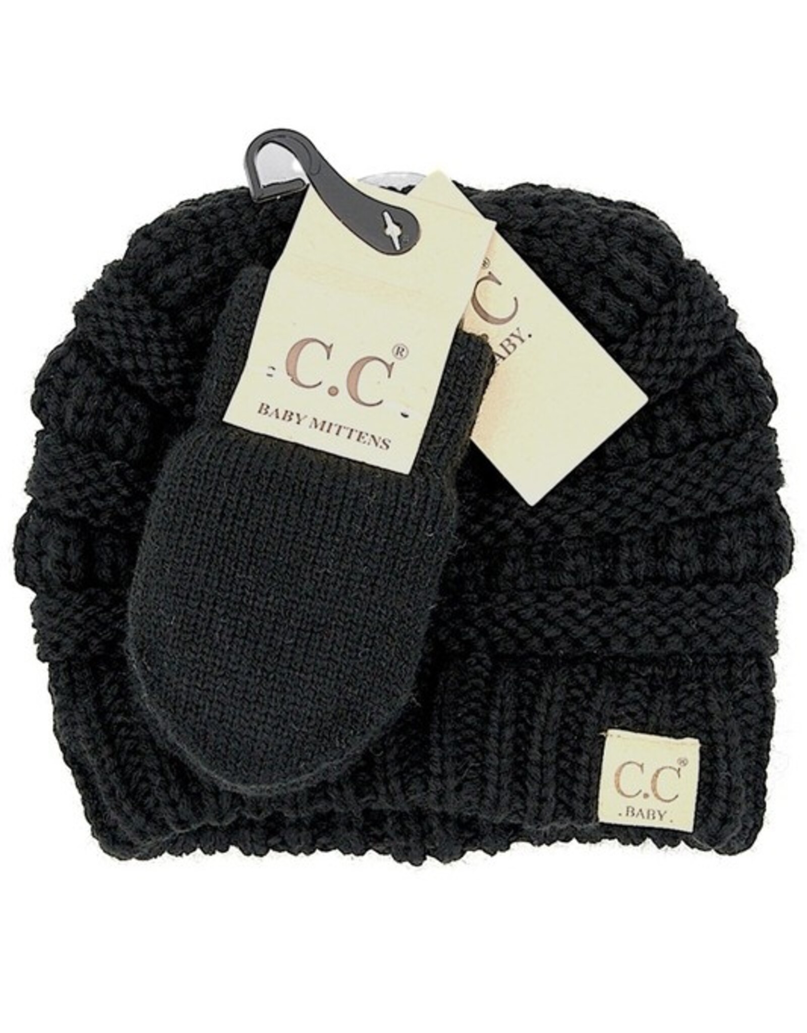 CC CC Baby Set, Knit Beanie & Mittens-Black