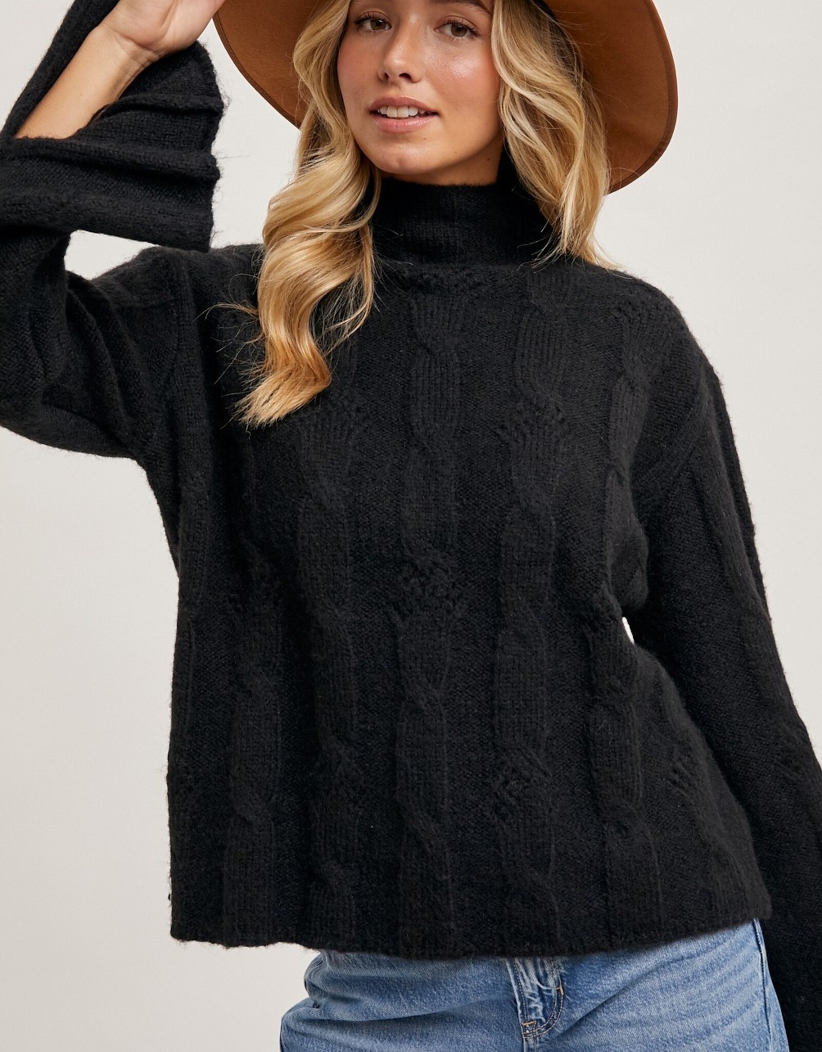 The Kacey Side Slit Sleeved Cable Knit Sweater, Black