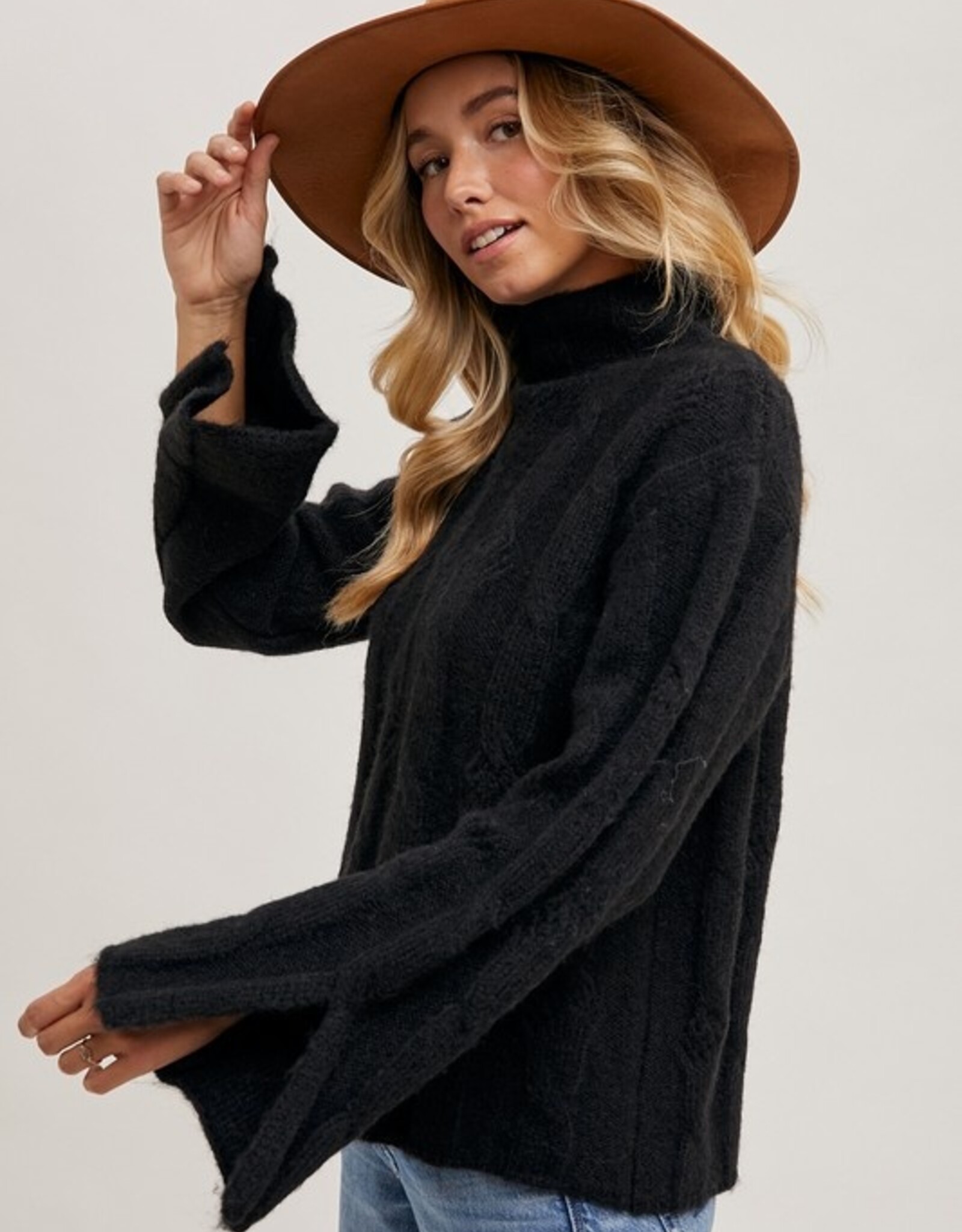 The Kacey Side Slit Sleeved Cable Knit Sweater, Black