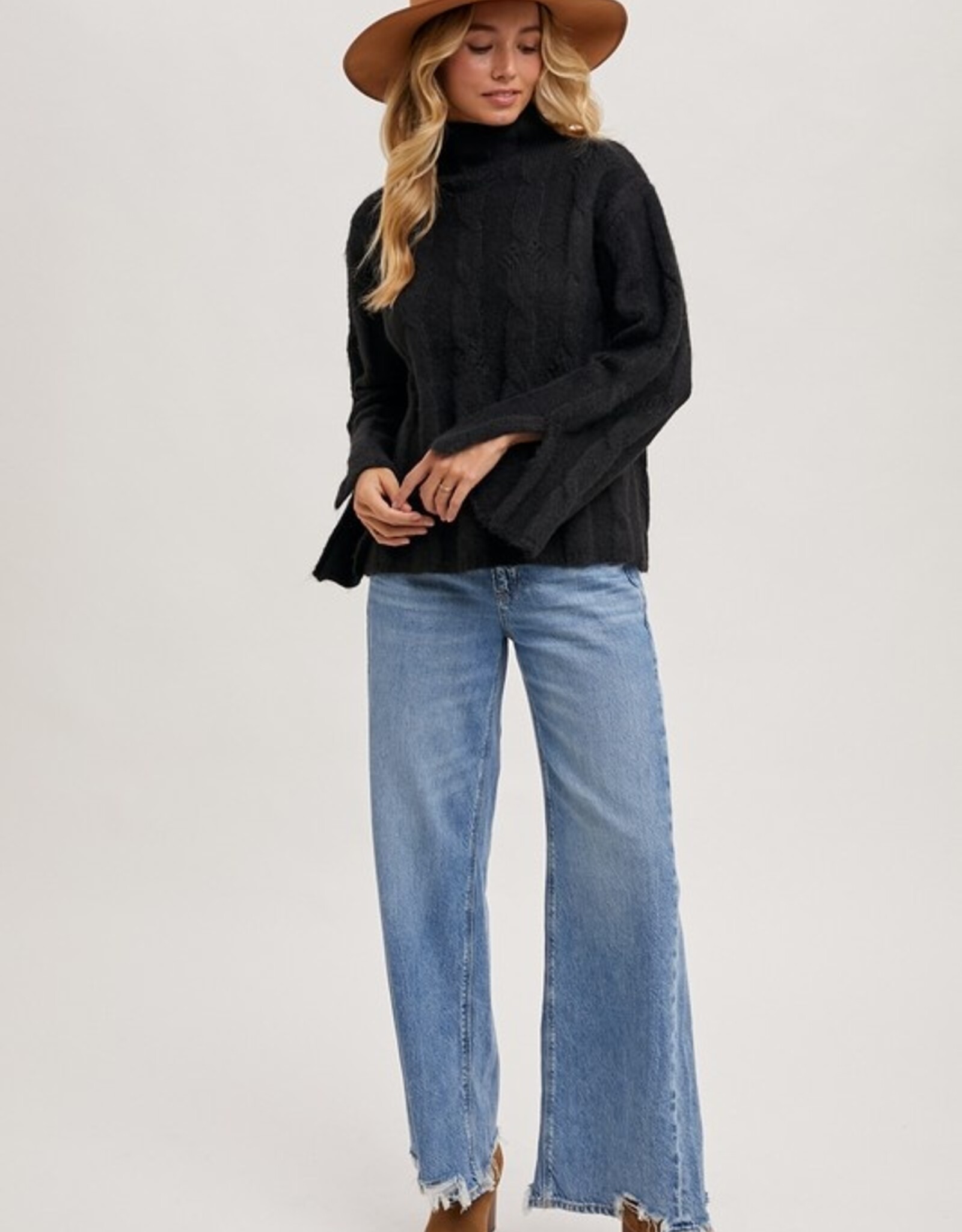 The Kacey Side Slit Sleeved Cable Knit Sweater, Black