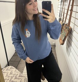 Blonde Ambition Embroidered Ghost Crew Neck Sweater, Indigo Blue