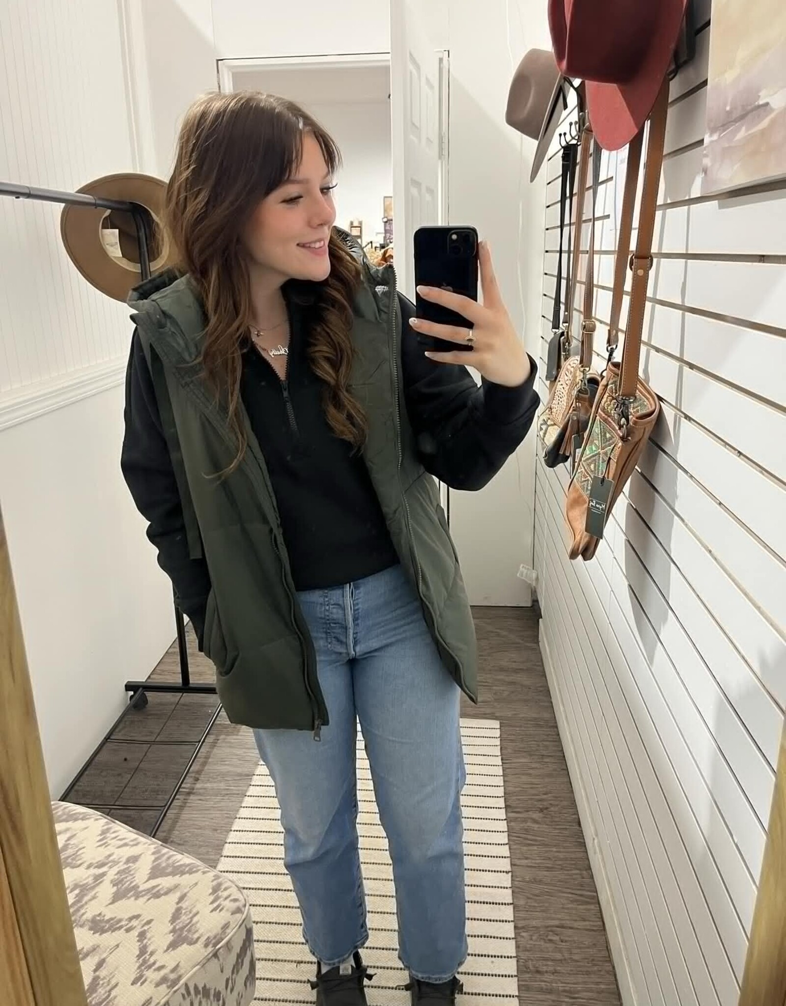 Mono B Longline High Neck Puffer Vest, Olive