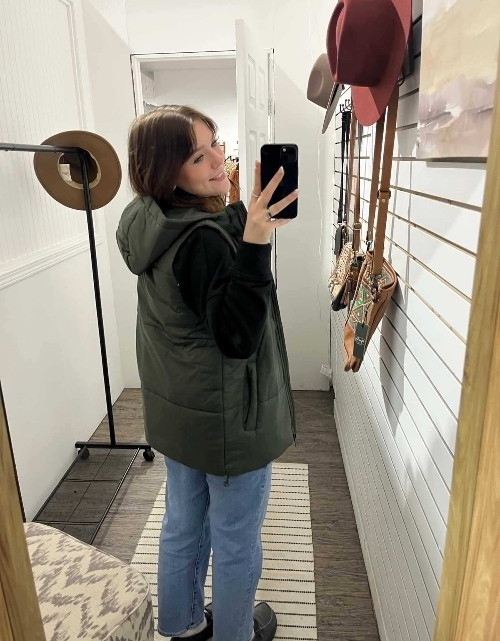 Mono B Longline High Neck Puffer Vest, Olive