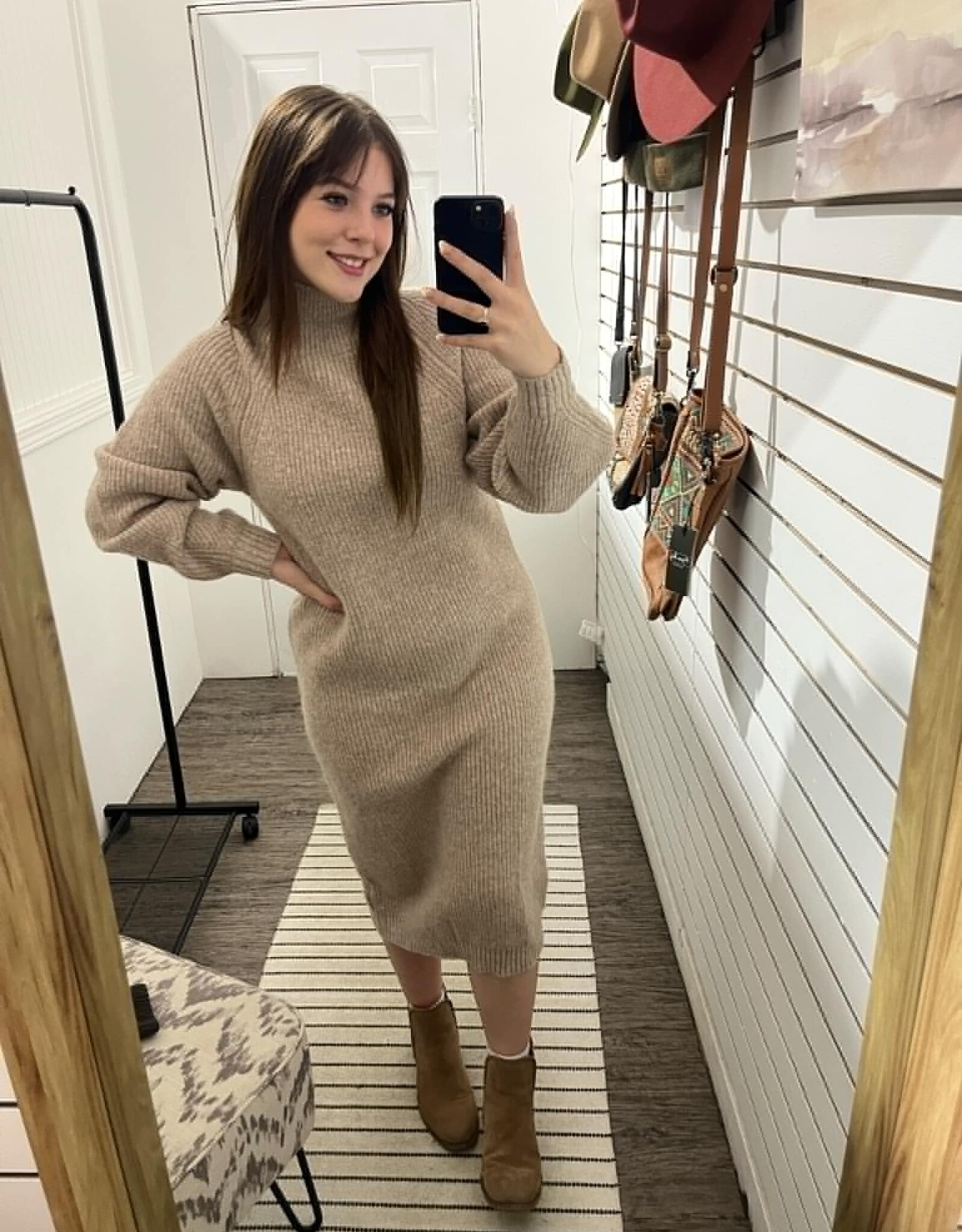 The Emma Mock Knit Sweater Midi Dress, Latte