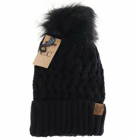 CC CC Beanie-Lattice Stitch Knit W/Pom