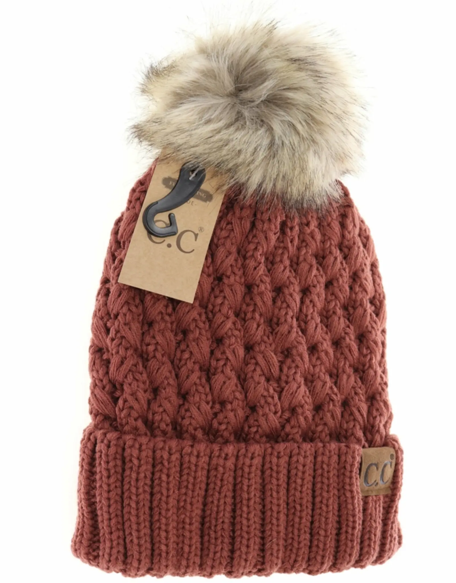 CC CC Beanie-Lattice Stitch Knit W/Pom