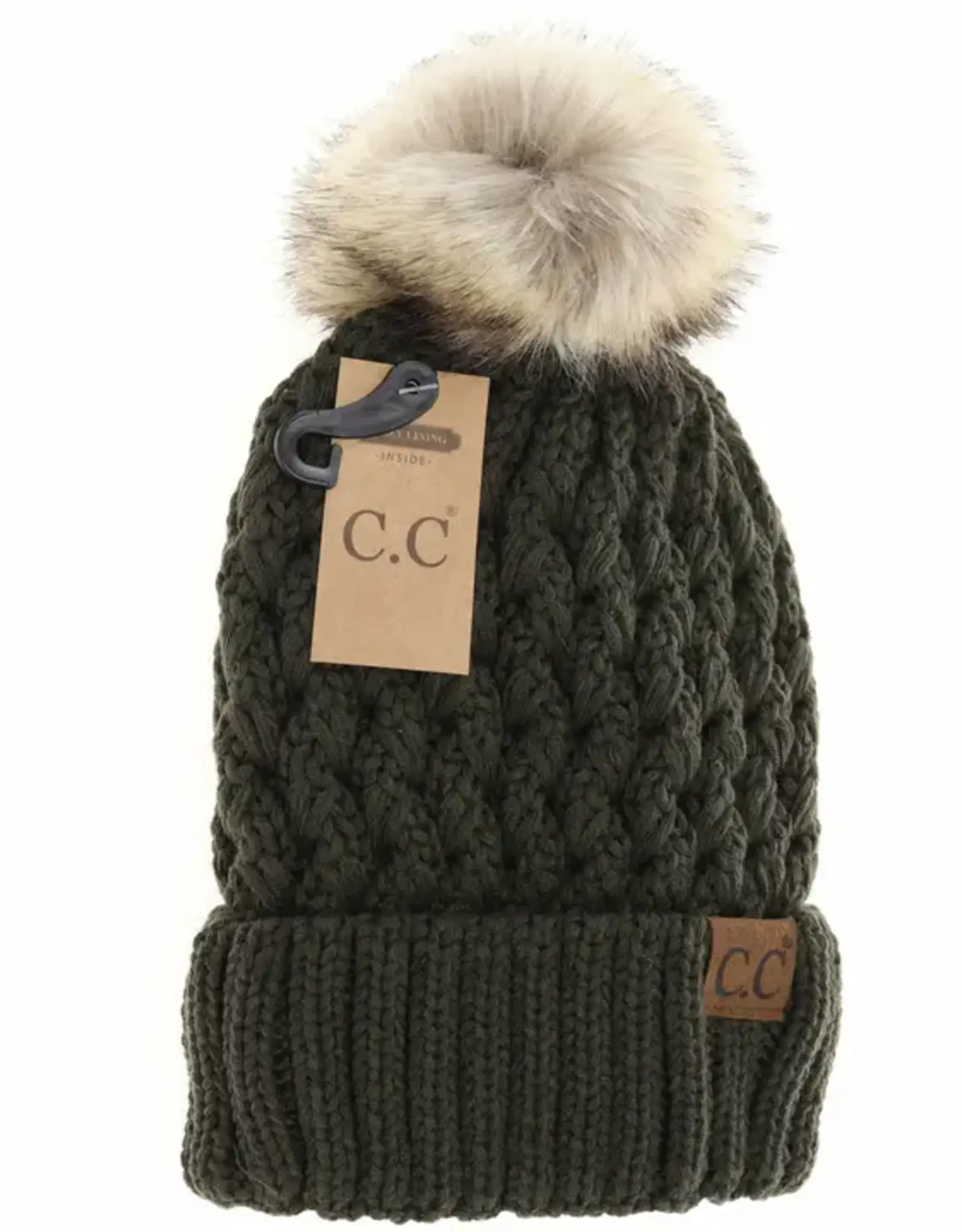CC CC Beanie-Lattice Stitch Knit W/Pom