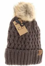 CC CC Beanie-Lattice Stitch Knit W/Pom