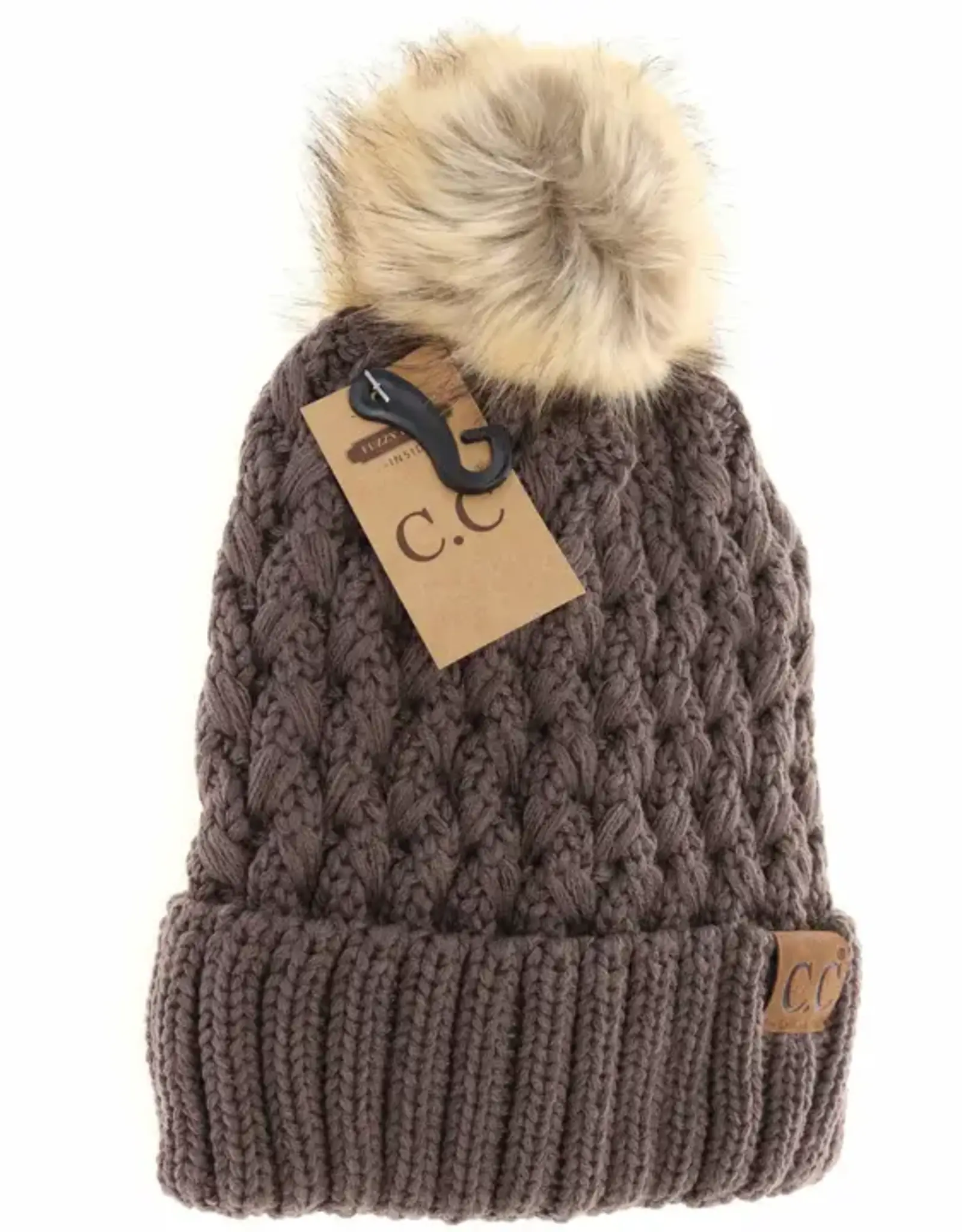 CC CC Beanie-Lattice Stitch Knit W/Pom