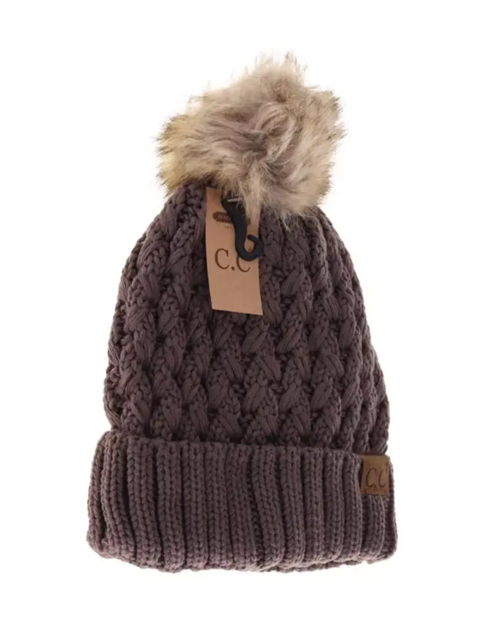CC CC Beanie-Lattice Stitch Knit W/Pom