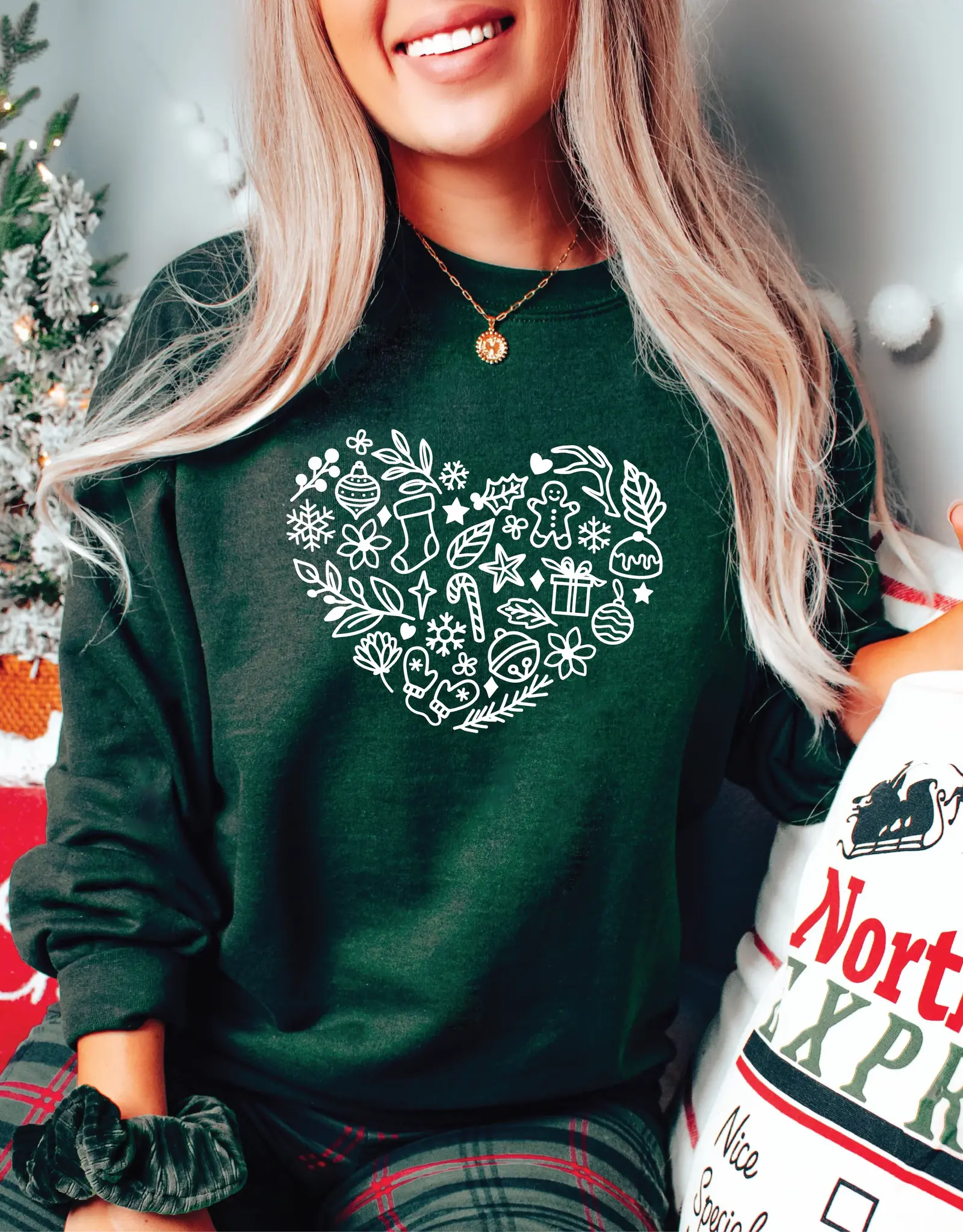 Blonde Ambition Holiday Heart Crew Neck Sweater, Forest