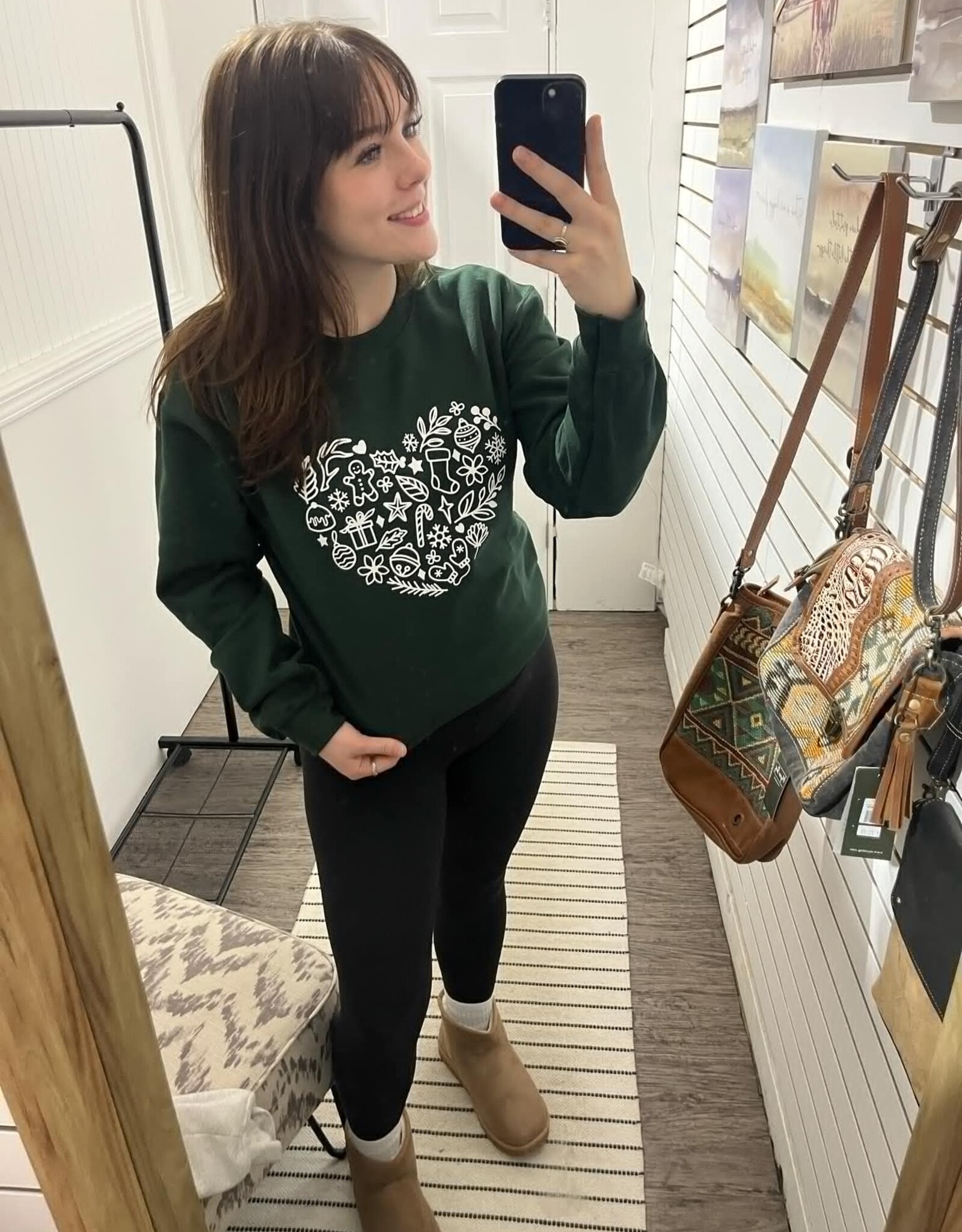 Blonde Ambition Holiday Heart Crew Neck Sweater, Forest