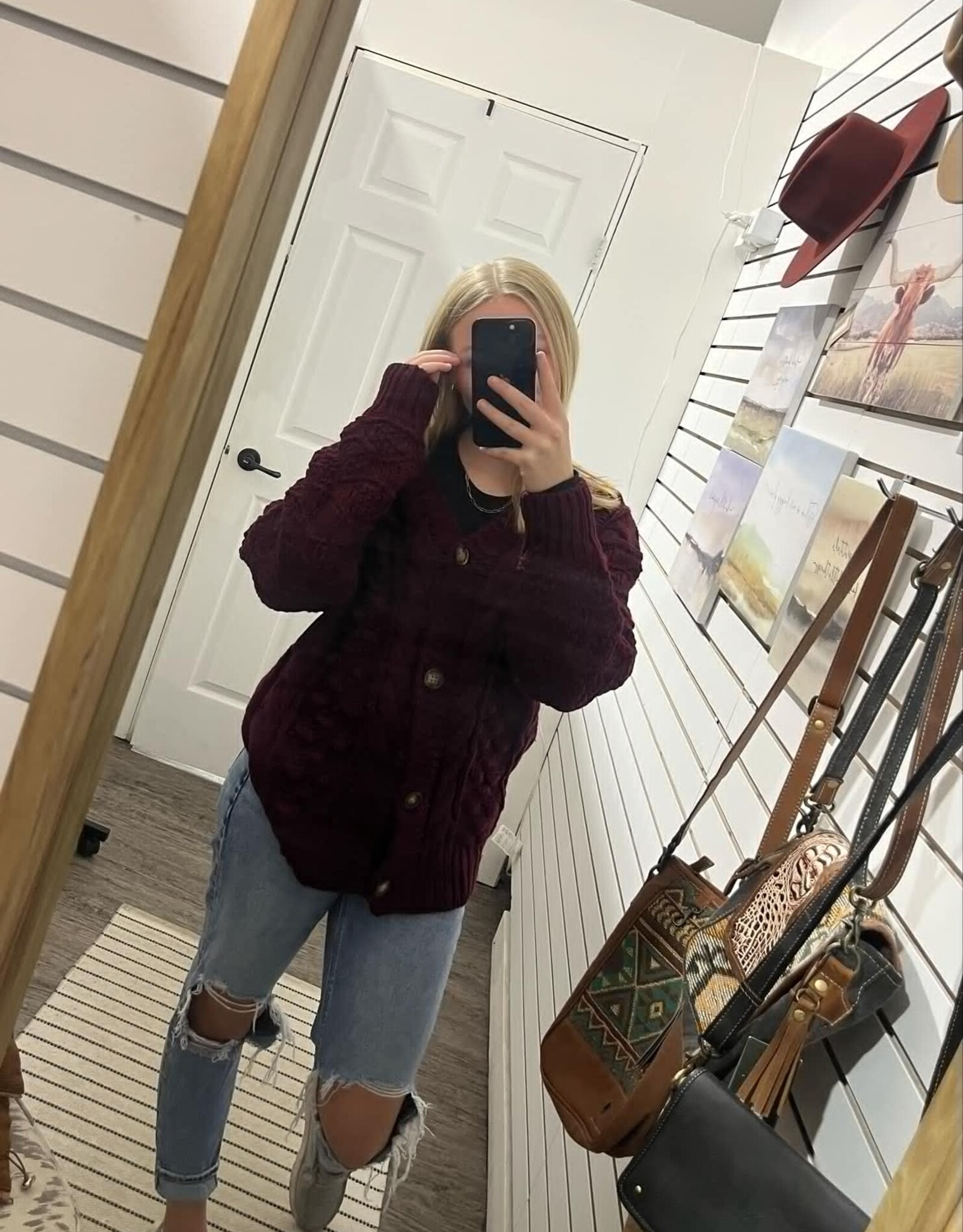 Cable Knit Sweater Cardigan, Burgundy