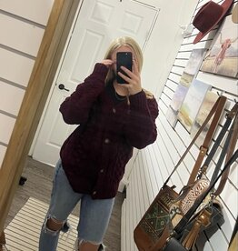 Cable Knit Sweater Cardigan, Burgundy